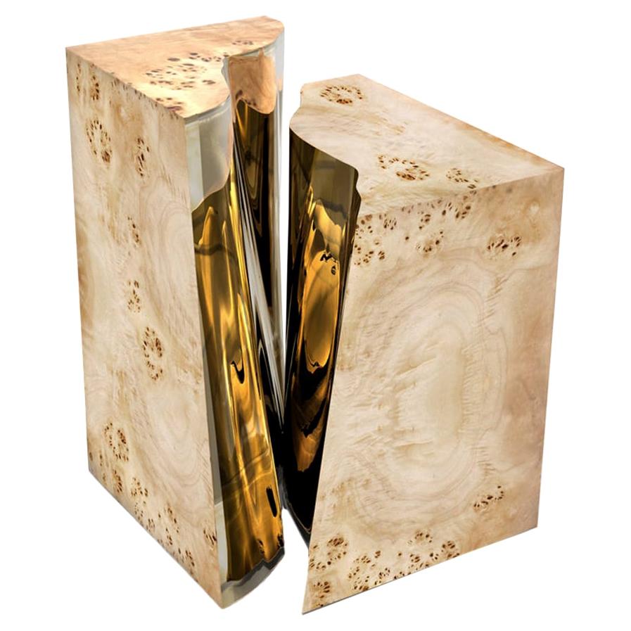 Lapiaz Side Table with Wood Veneer and Polished Brass For Sale