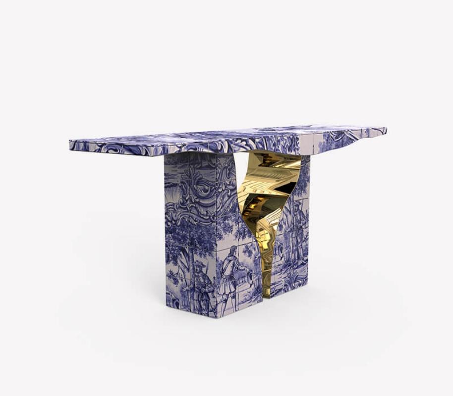 Lapiaz console takes exceptional craftsmanship and design to a new realm.
This contemporary console is masterfully covered by white and blue Azulejos, the traditional hand painted tiles, one of the most representative art forms of Portuguese