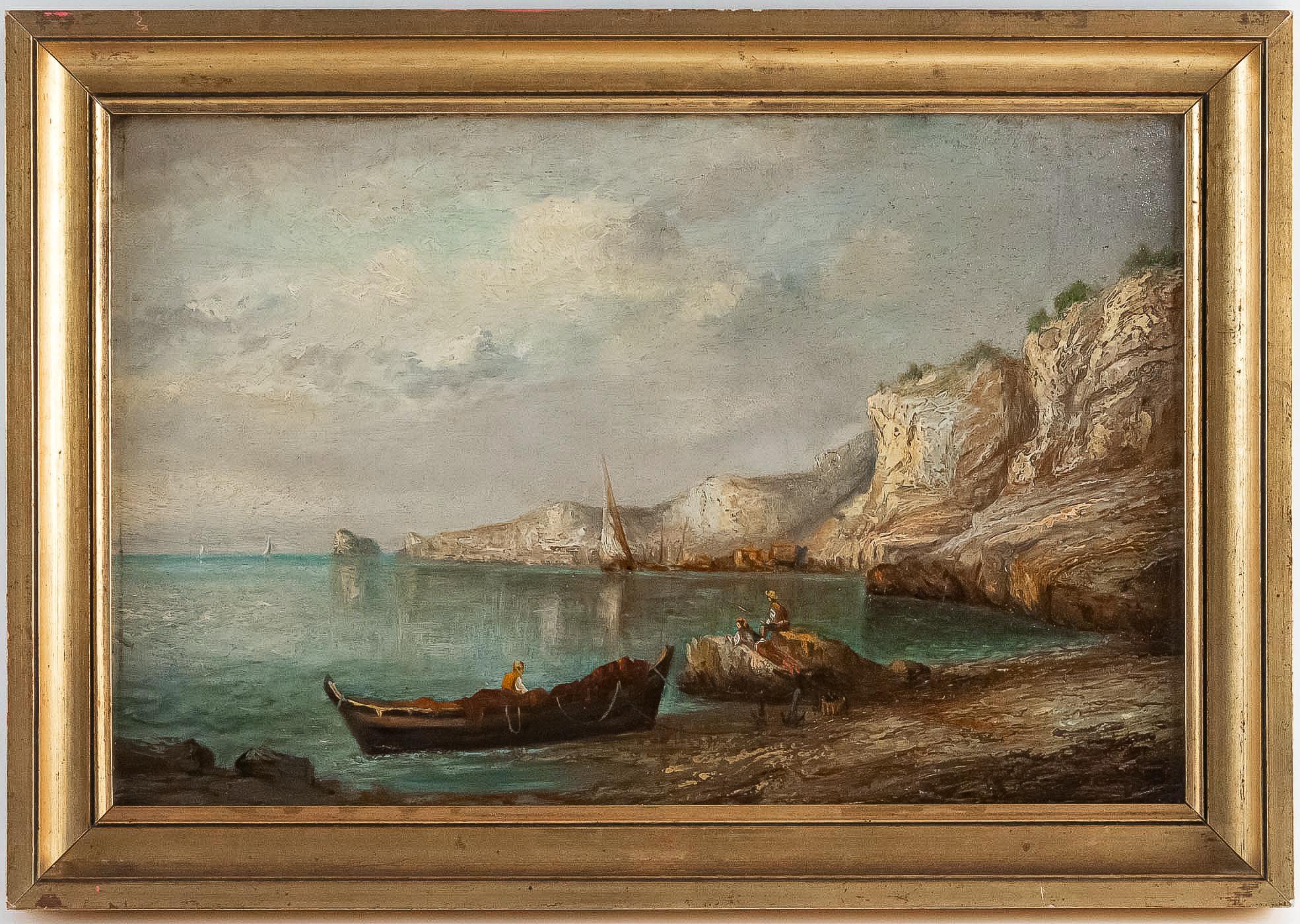 An excellent oil on panel depicting a French fishing scene of the 1850s. 
Much quality on this small painting.

Our painting in fine original condition signed on a lower right.

Lapierre Emile, Oil on walnut panel French Marine Landscape, circa
