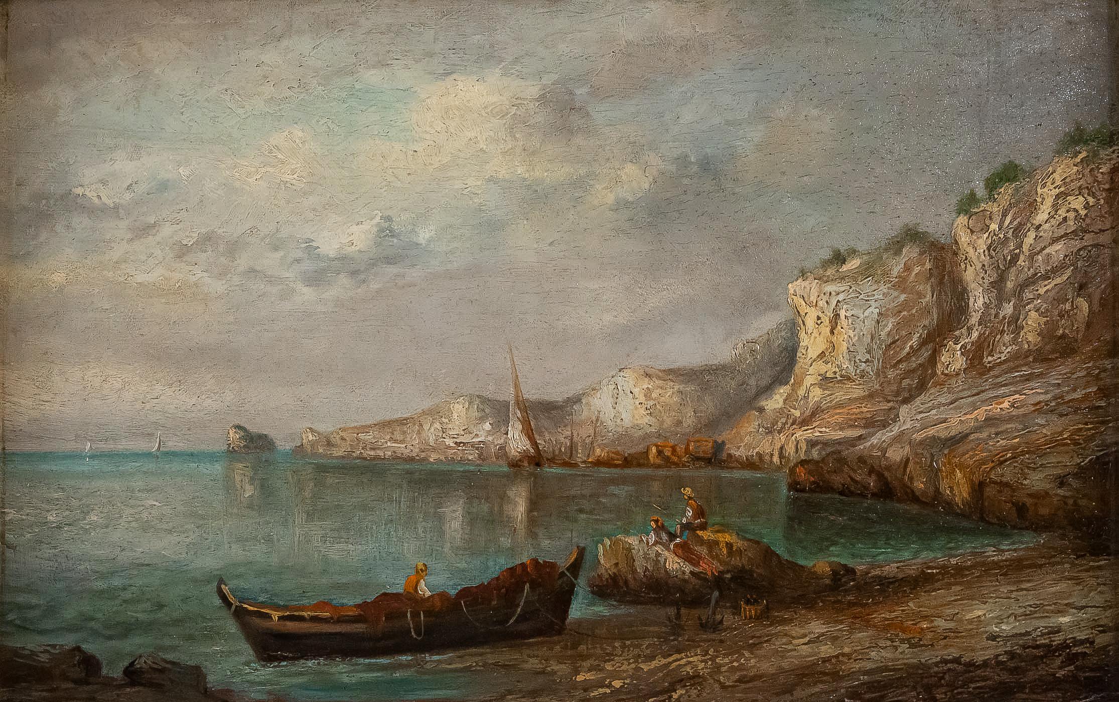 Oiled Lapierre Emile, Oil on Panel French Fishing Landscape, circa 1850 For Sale
