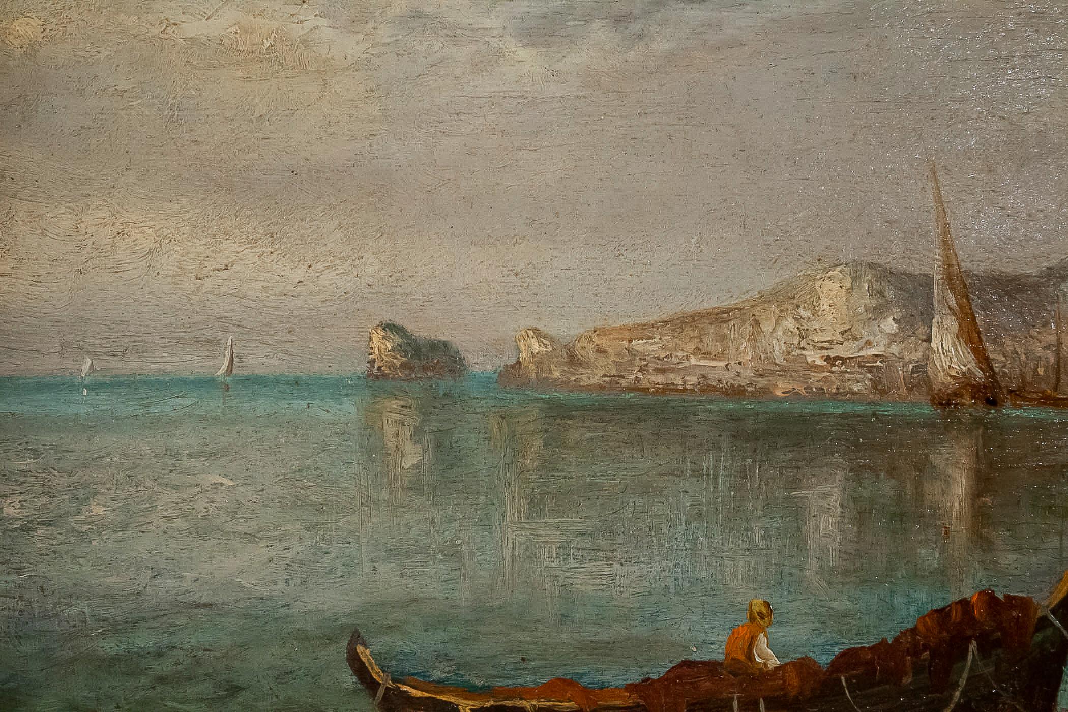 Lapierre Emile, Oil on Panel French Fishing Landscape, circa 1850 In Good Condition For Sale In Saint Ouen, FR