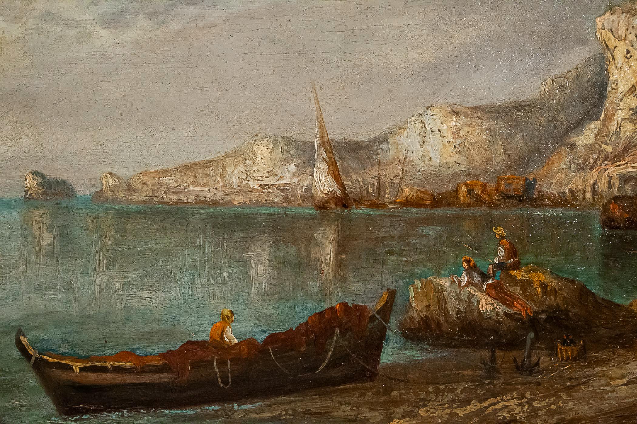 19th Century Lapierre Emile, Oil on Panel French Fishing Landscape, circa 1850 For Sale