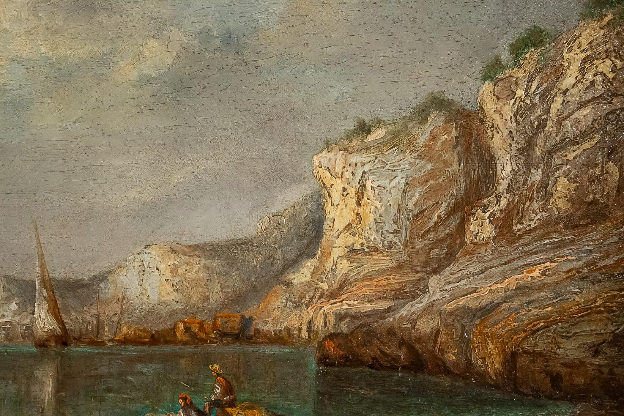 Walnut Lapierre Emile, Oil on Panel French Fishing Landscape, circa 1850 For Sale