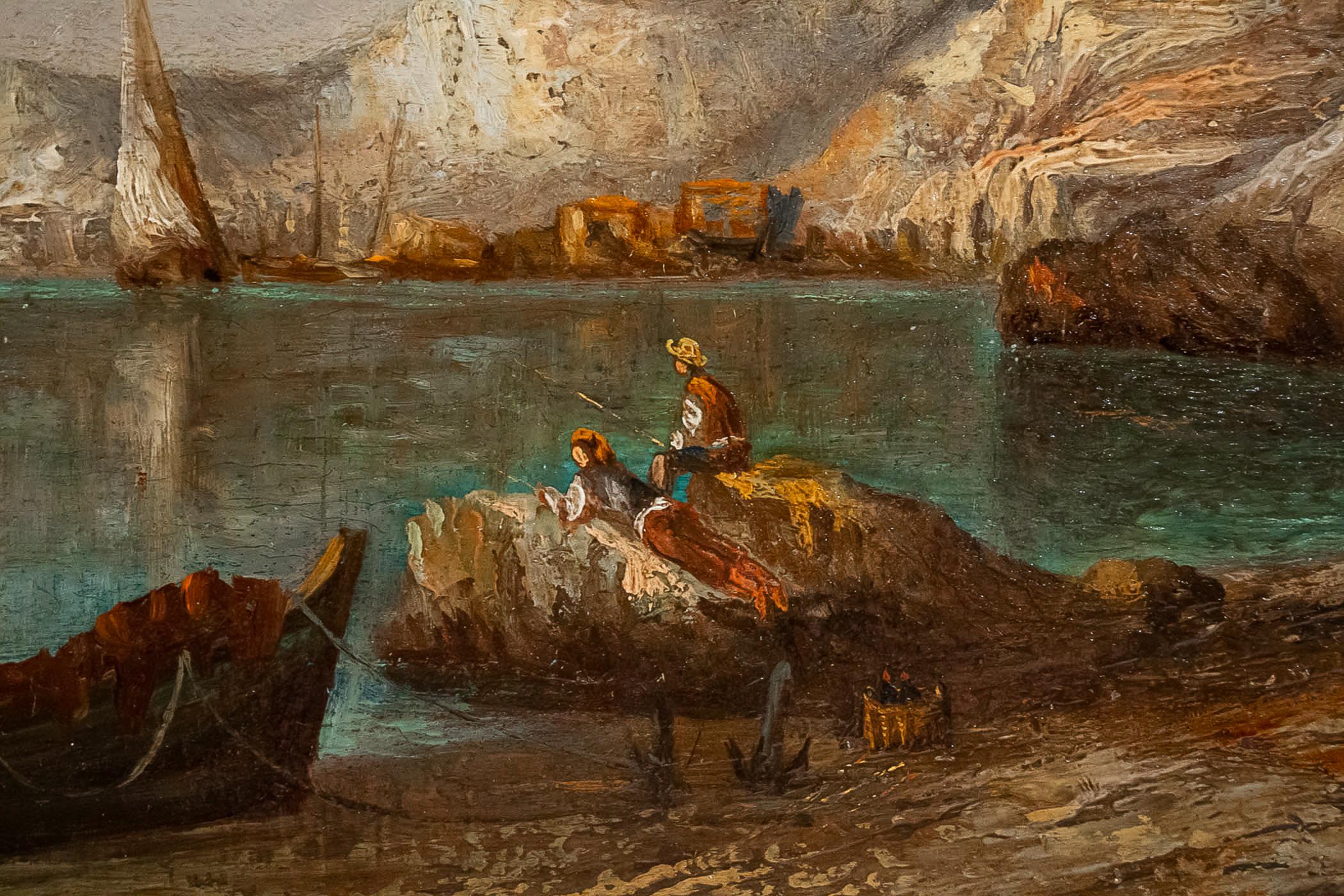 Lapierre Emile, Oil on Panel French Fishing Landscape, circa 1850 For Sale 1