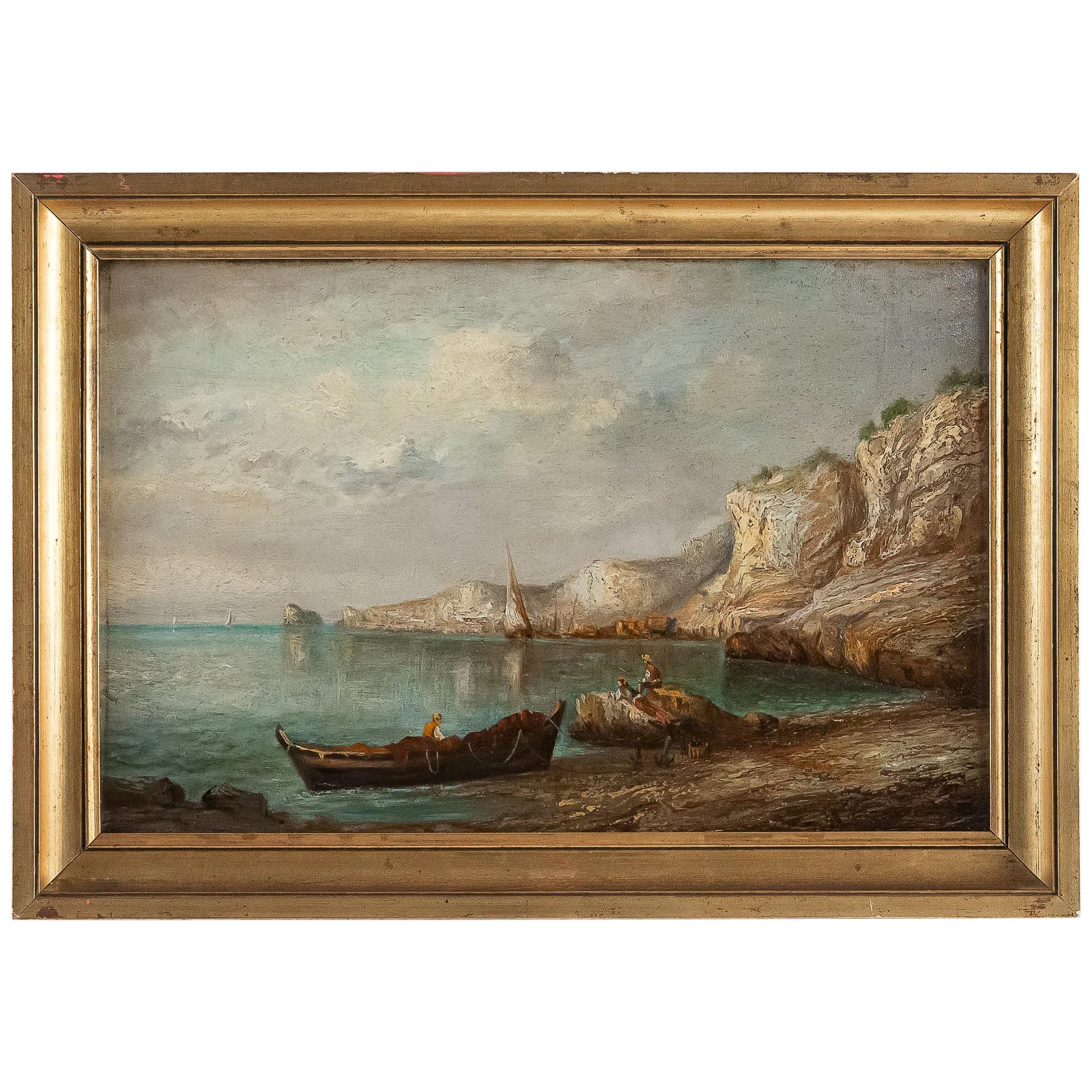 Lapierre Emile, Oil on Panel French Fishing Landscape, circa 1850 For Sale