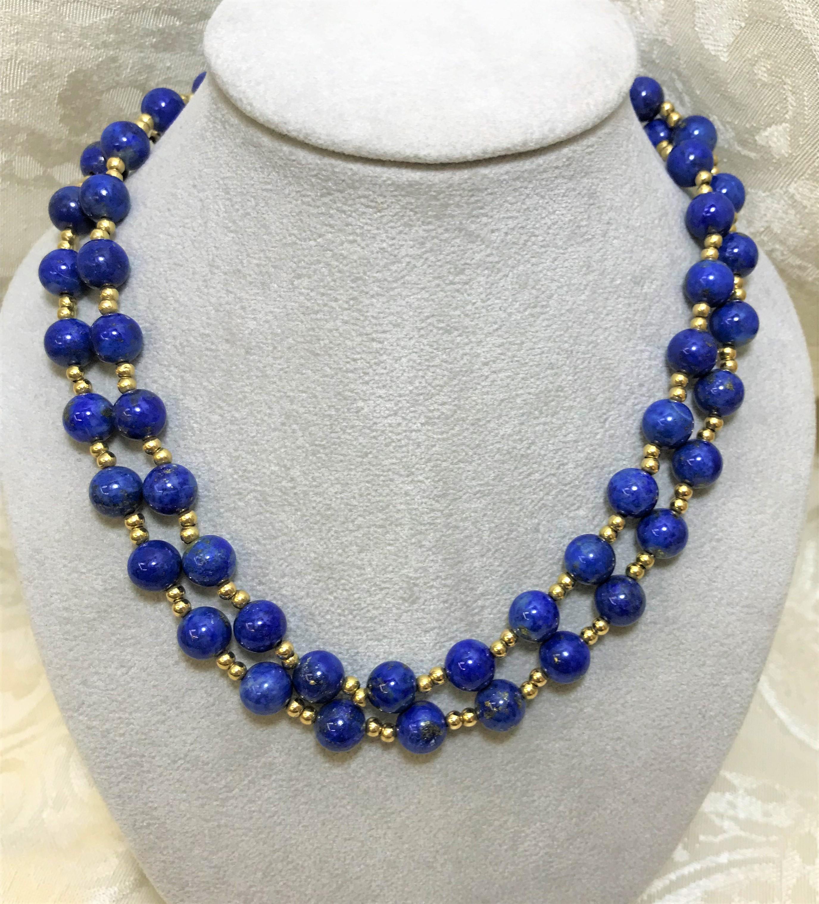 58 round beautiful blue lapis beads approximately 8mm each
116 round 14K yellow beads approximately 3mm each
Two gold beads in between each lapis bead
28 inches opera length, no clasp
Restrung in March 2021
