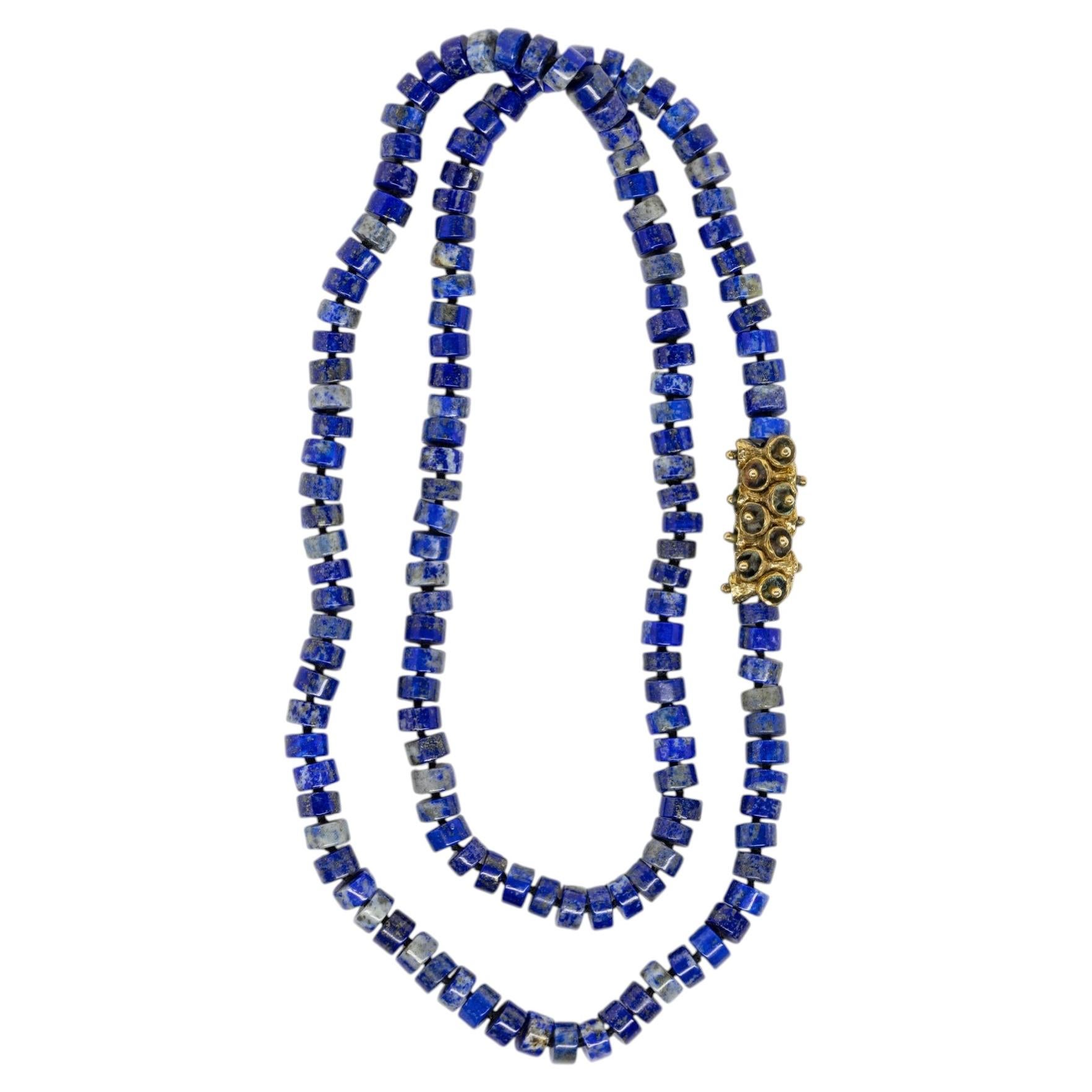 Lapis 7 Bell Pod Beads Necklace in Yellow Bronze by Kirsten Muenster Jewelry For Sale
