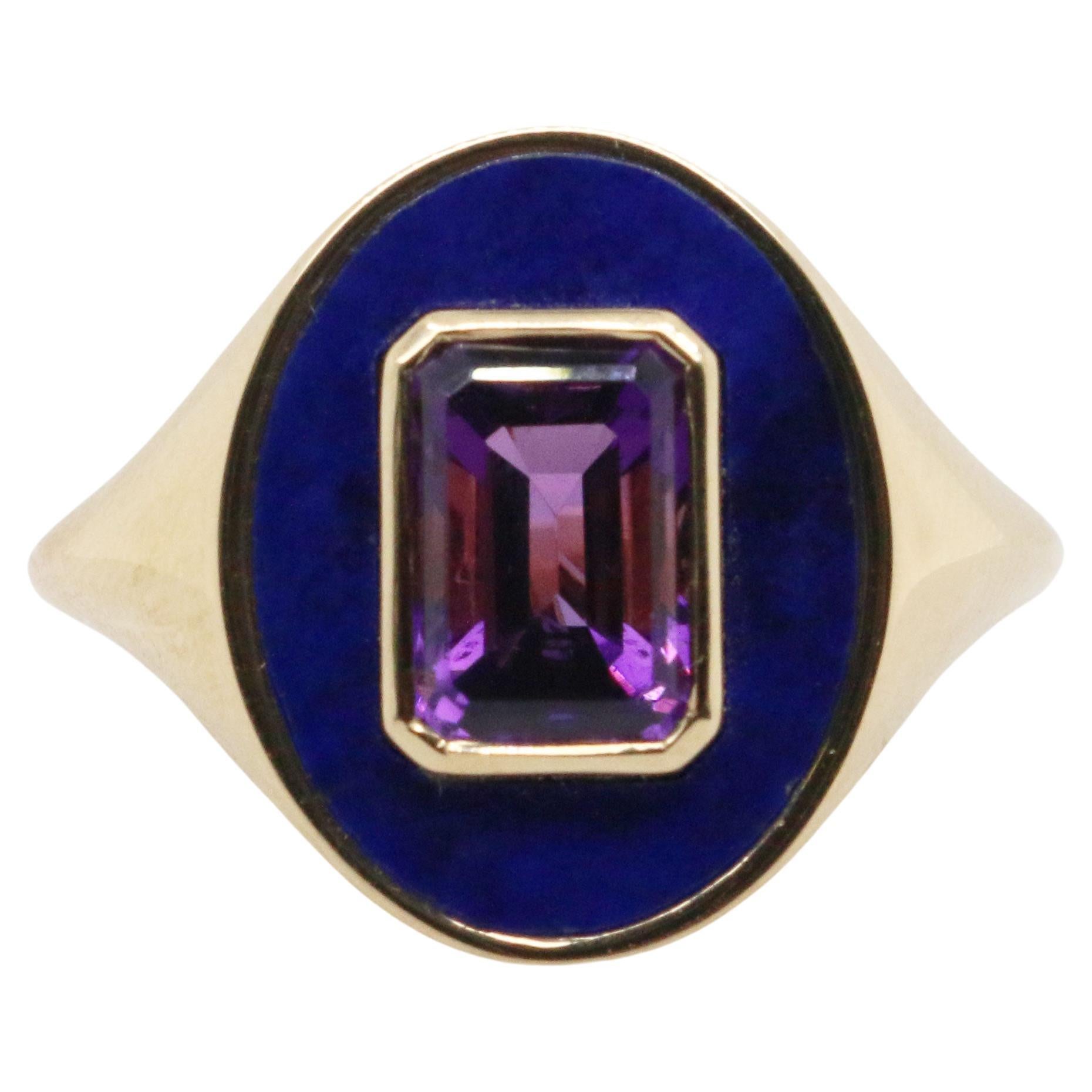 For Sale:  Lapis and Amethyst Namesake Signet Ring in 18ct Yellow Gold 2