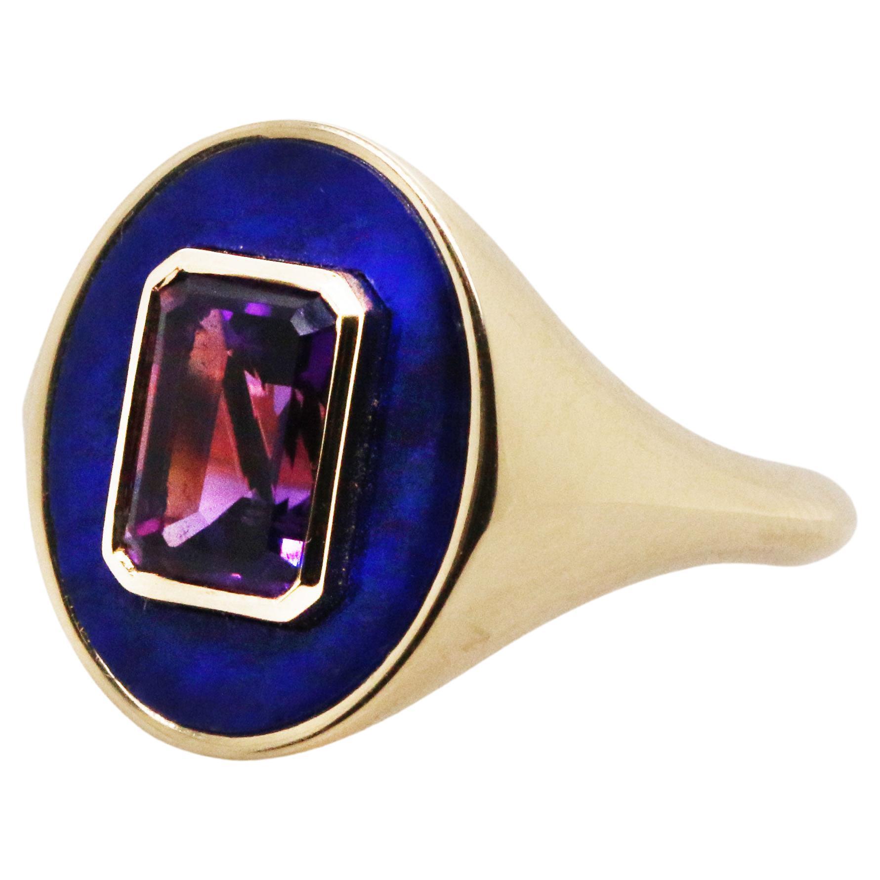 Signet nomsake en or jaune 18 carats, lapis et améthyste