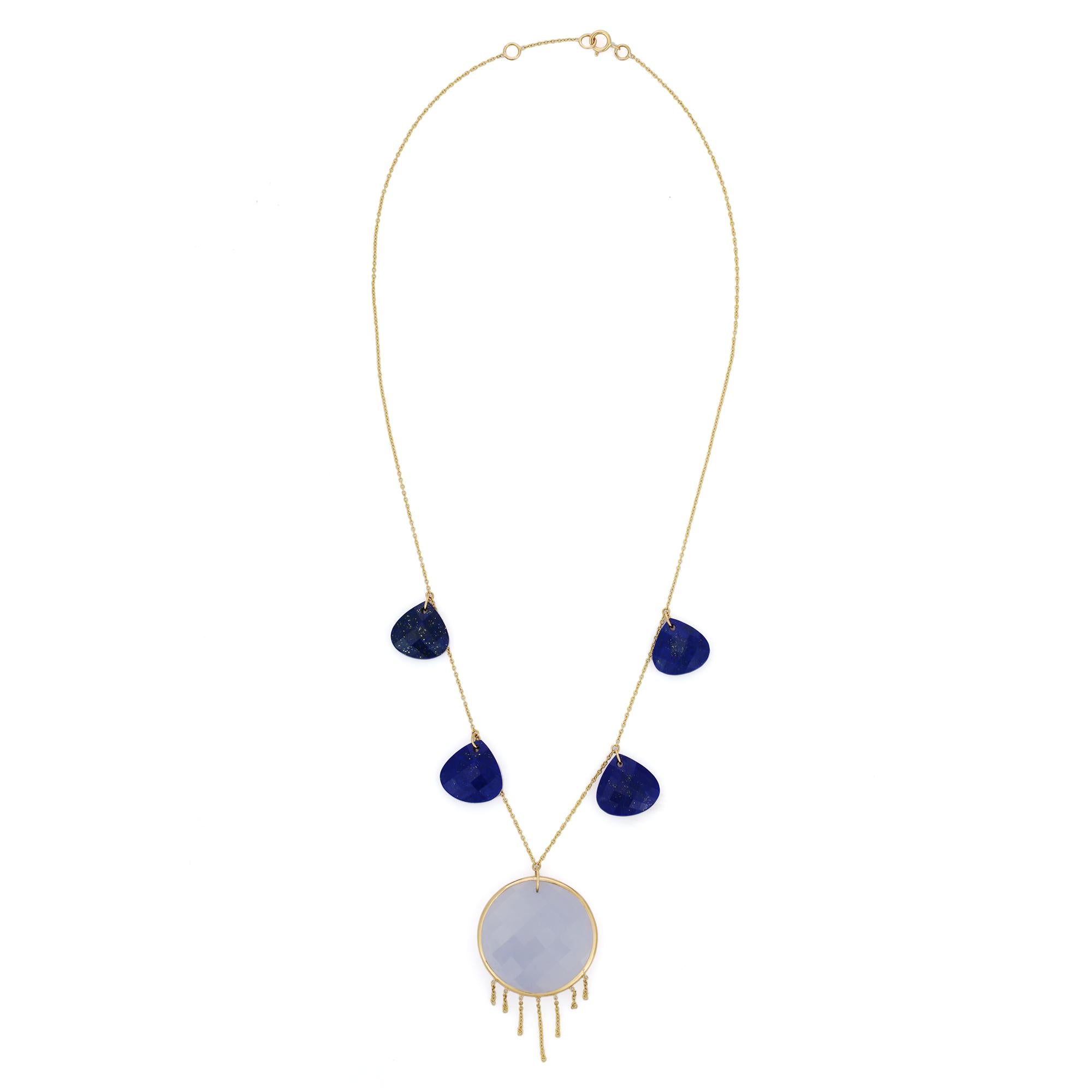 Lapis and Chalcedony Necklace in 18K Gold studded with pear and round cut pieces .
Accessorize your look with this elegant Lapis and Chalcedony pendant necklace. This stunning piece of jewelry instantly elevates a casual look or dressy outfit.