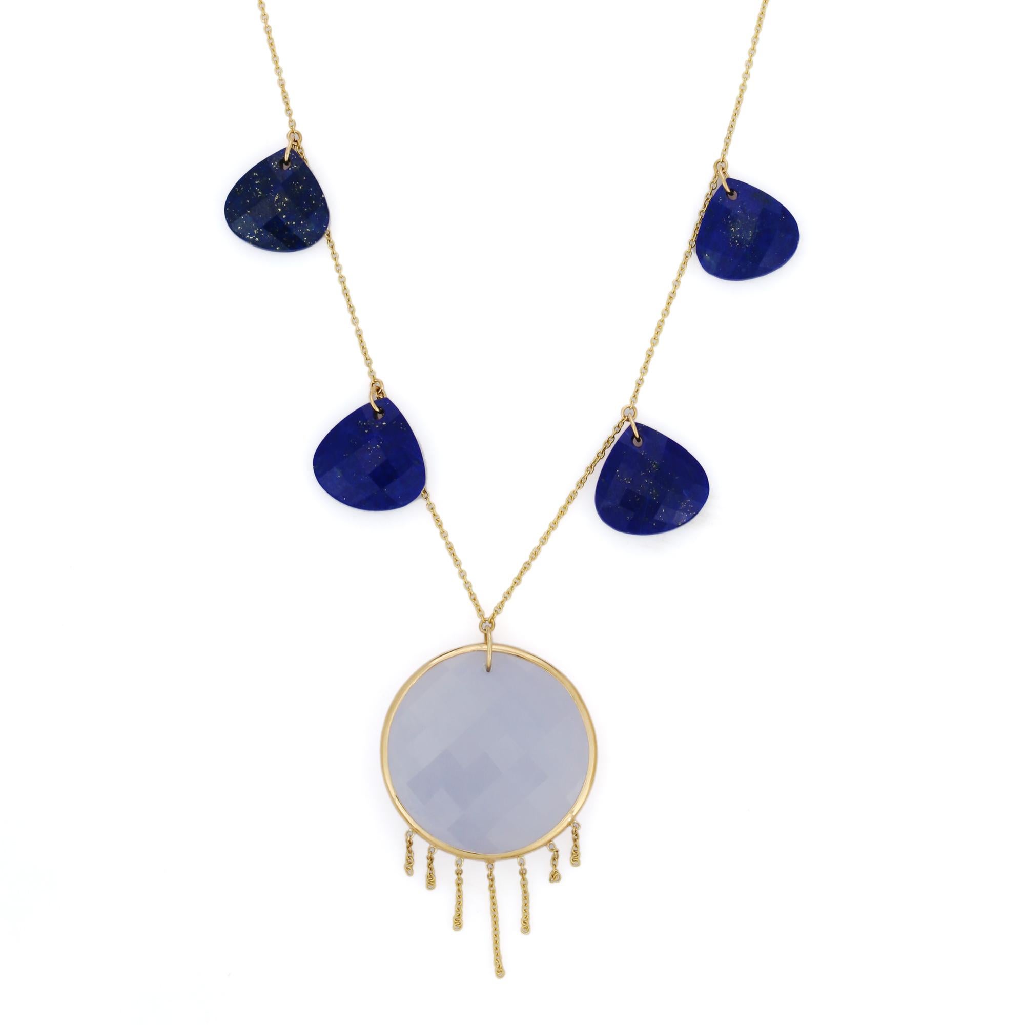 Modern Lapis and Chalcedony Pendant Necklace in 18K Yellow Gold For Sale