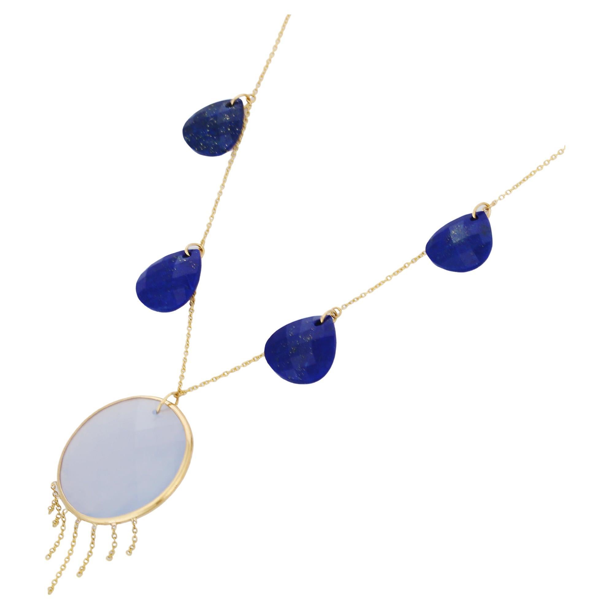 Collier pendentif en or jaune 18 carats avec lapis et calcédoine