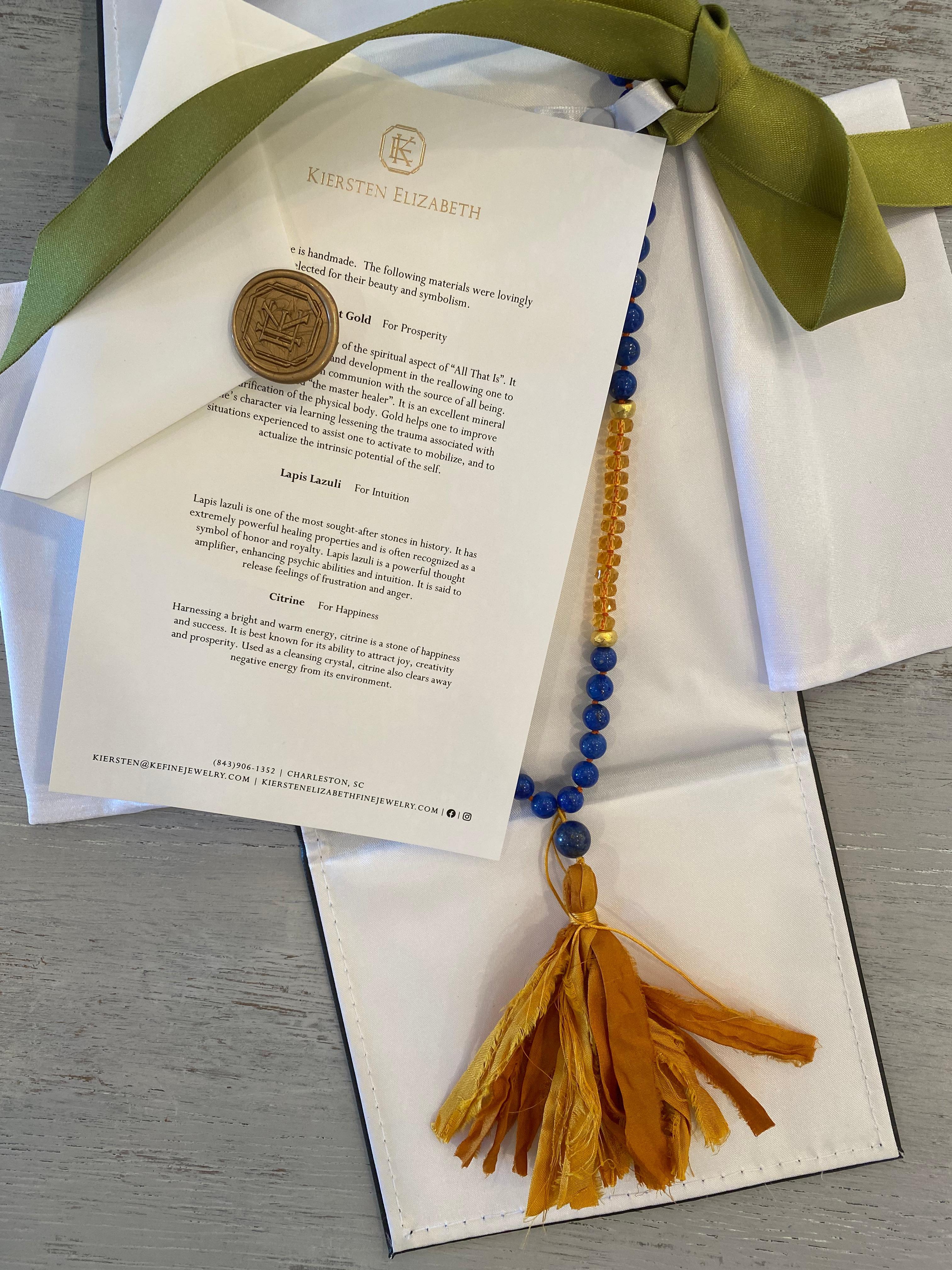 Bead Lapis and Citrine Mala / Prayer / Meditation Necklace in 18 Karat Yellow Gold For Sale