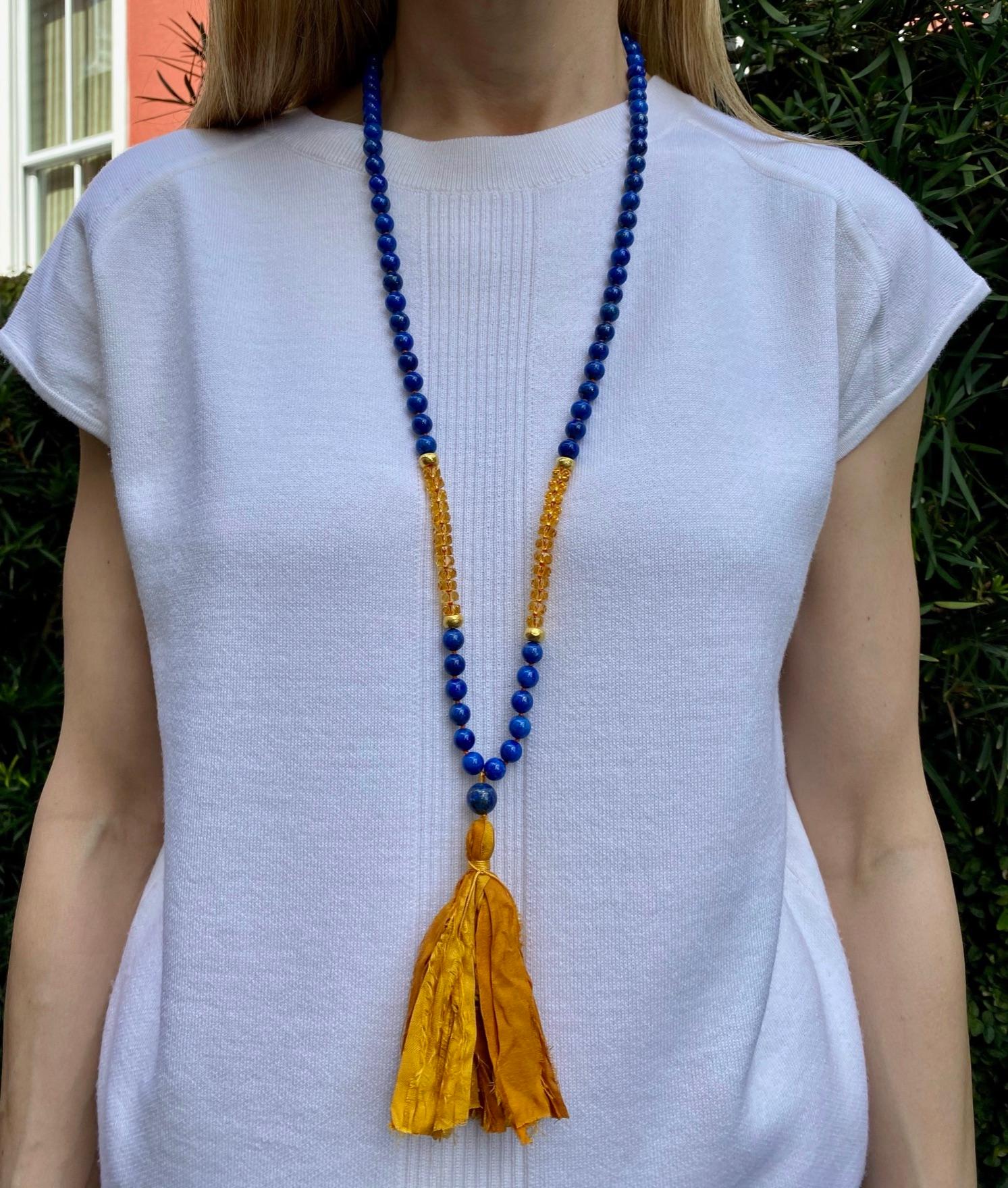 Lapis and Citrine Mala / Prayer / Meditation Necklace in 18 Karat Yellow Gold In New Condition For Sale In Charleston, SC