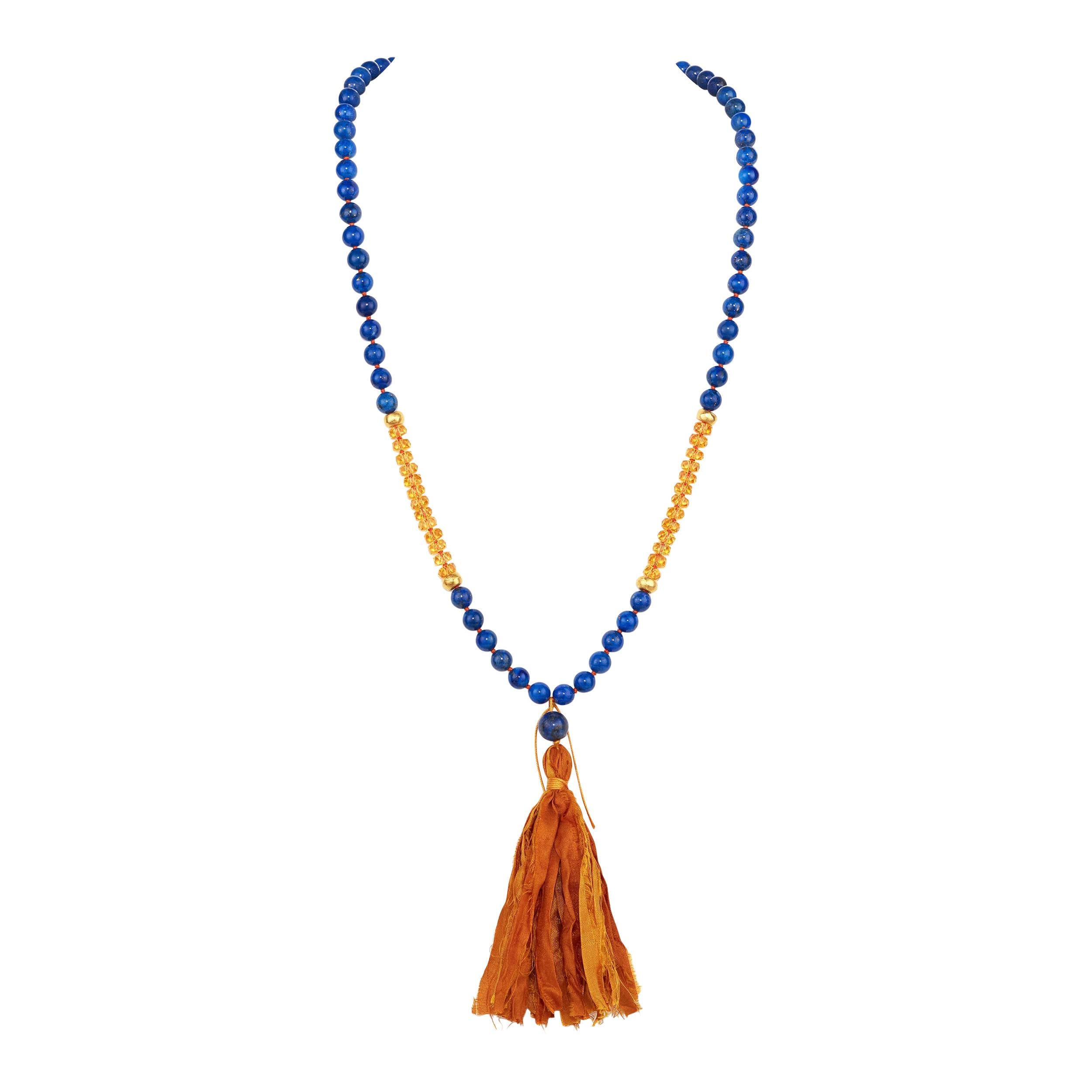Halskette aus 18 Karat Gelbgold mit Lapislazuli und Citrin Mala / Gebet / Meditation im Angebot