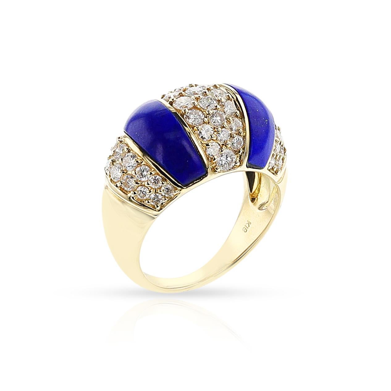 Round Cut Lapis and Diamond Bombe Ring, 18k For Sale