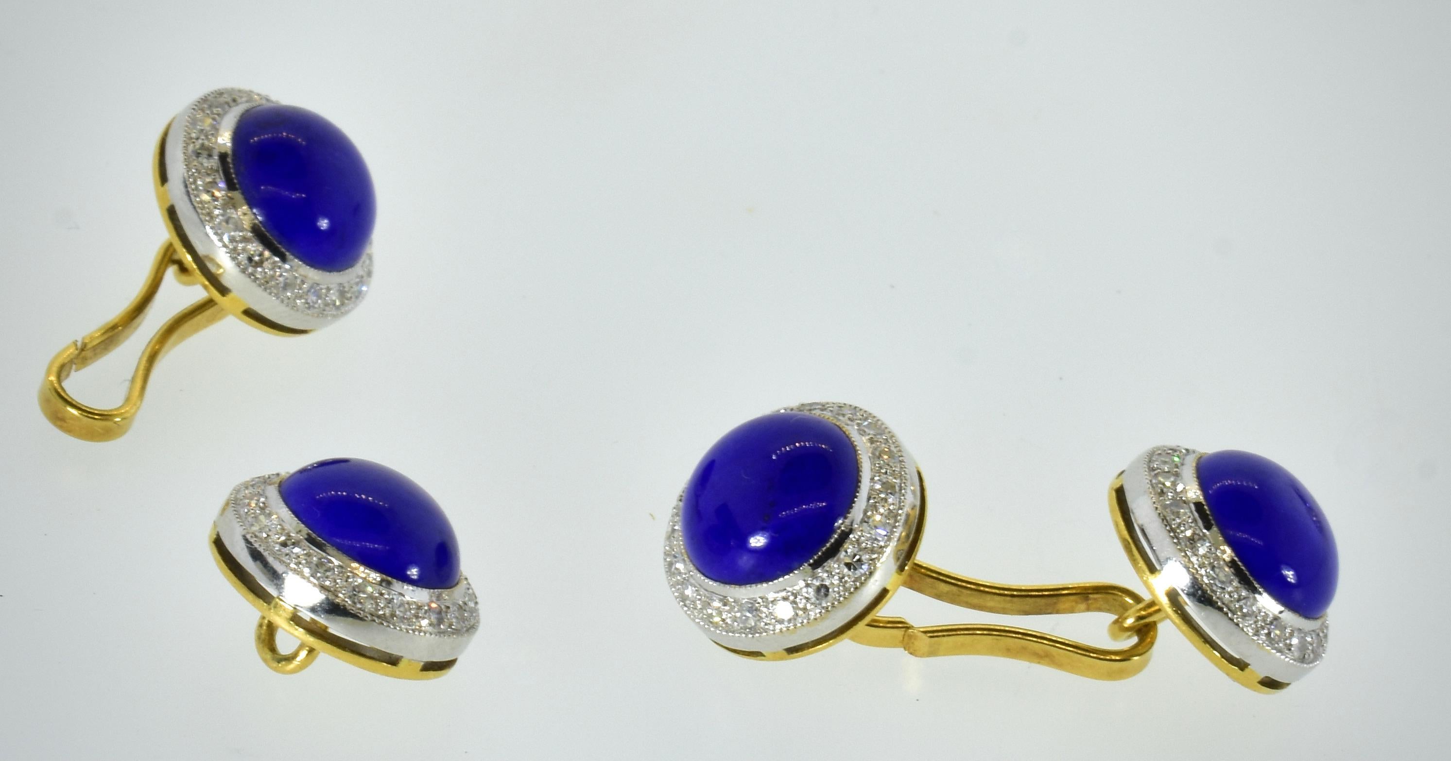 Art Deco Lapis and Diamond Cufflink and Stud Set, 18K, French, circa 1990