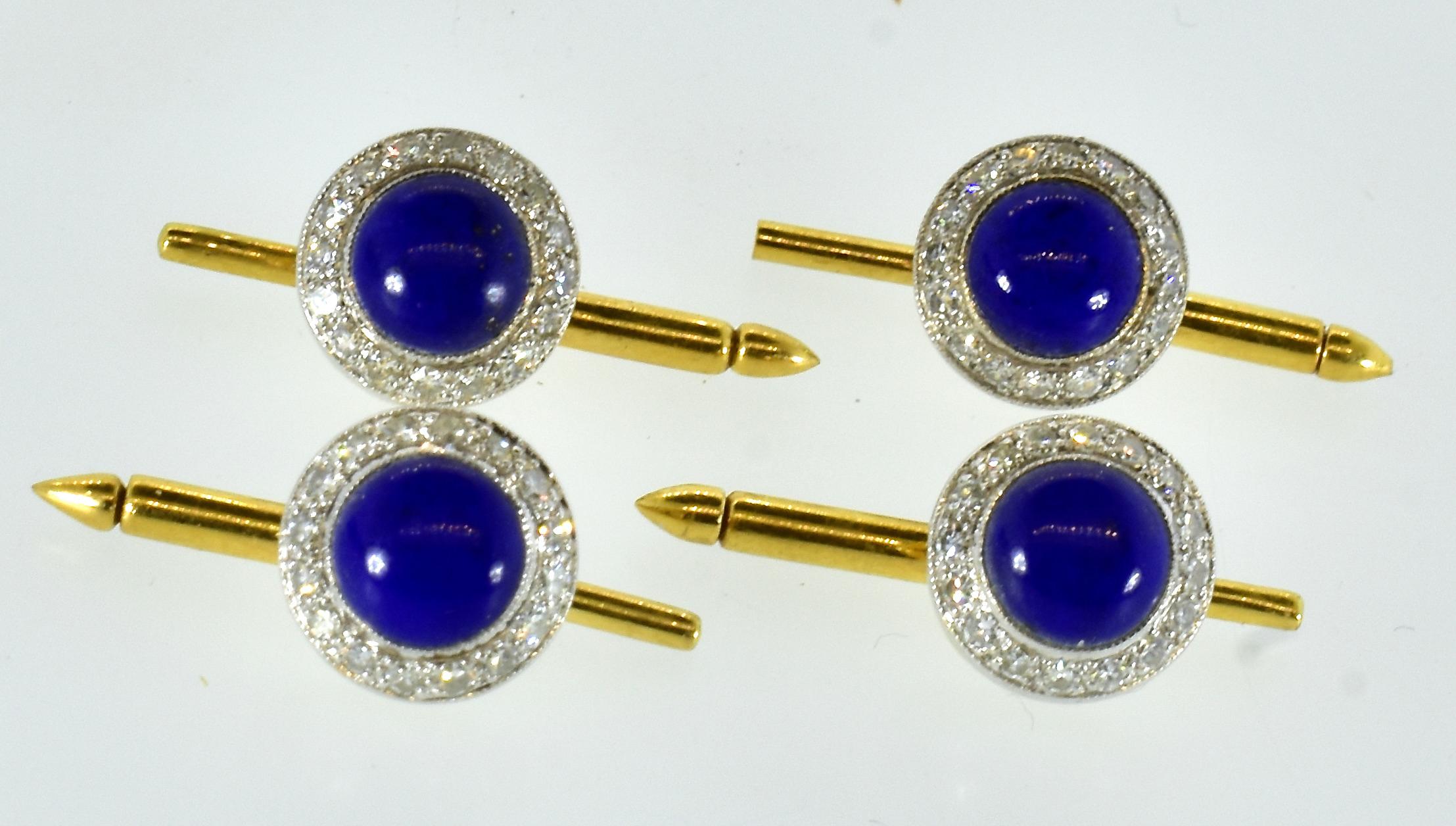 Ensemble de boutons de manchette et de clous d'oreilles en lapis et diamants, 18K, français, circa 1990 Excellent état à Aspen, CO