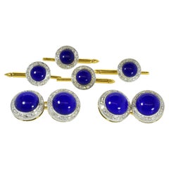 Ensemble de boutons de manchette et de clous d'oreilles en lapis et diamants, 18K, français, circa 1990