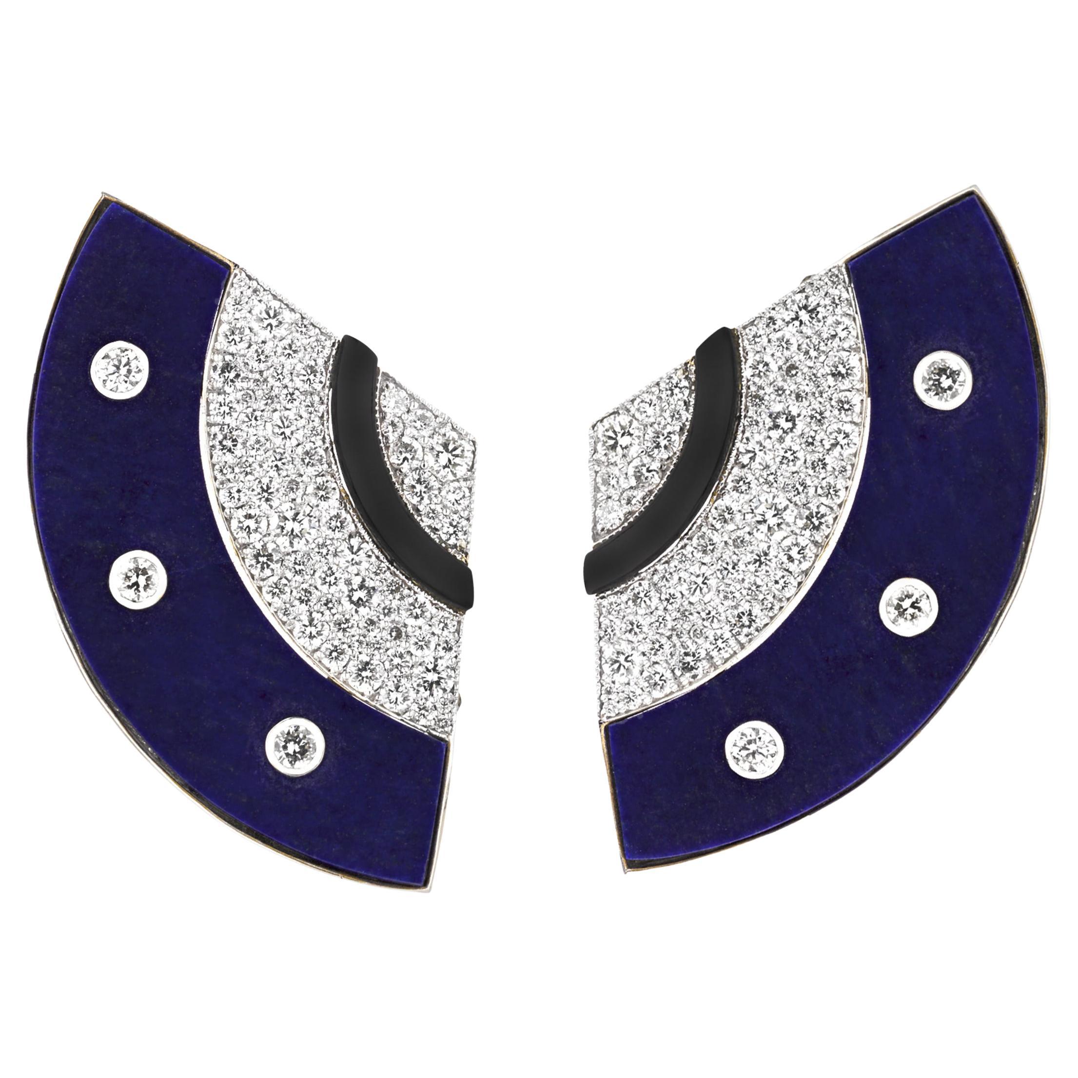 Lapis and Diamond Fan Clip Earrings For Sale