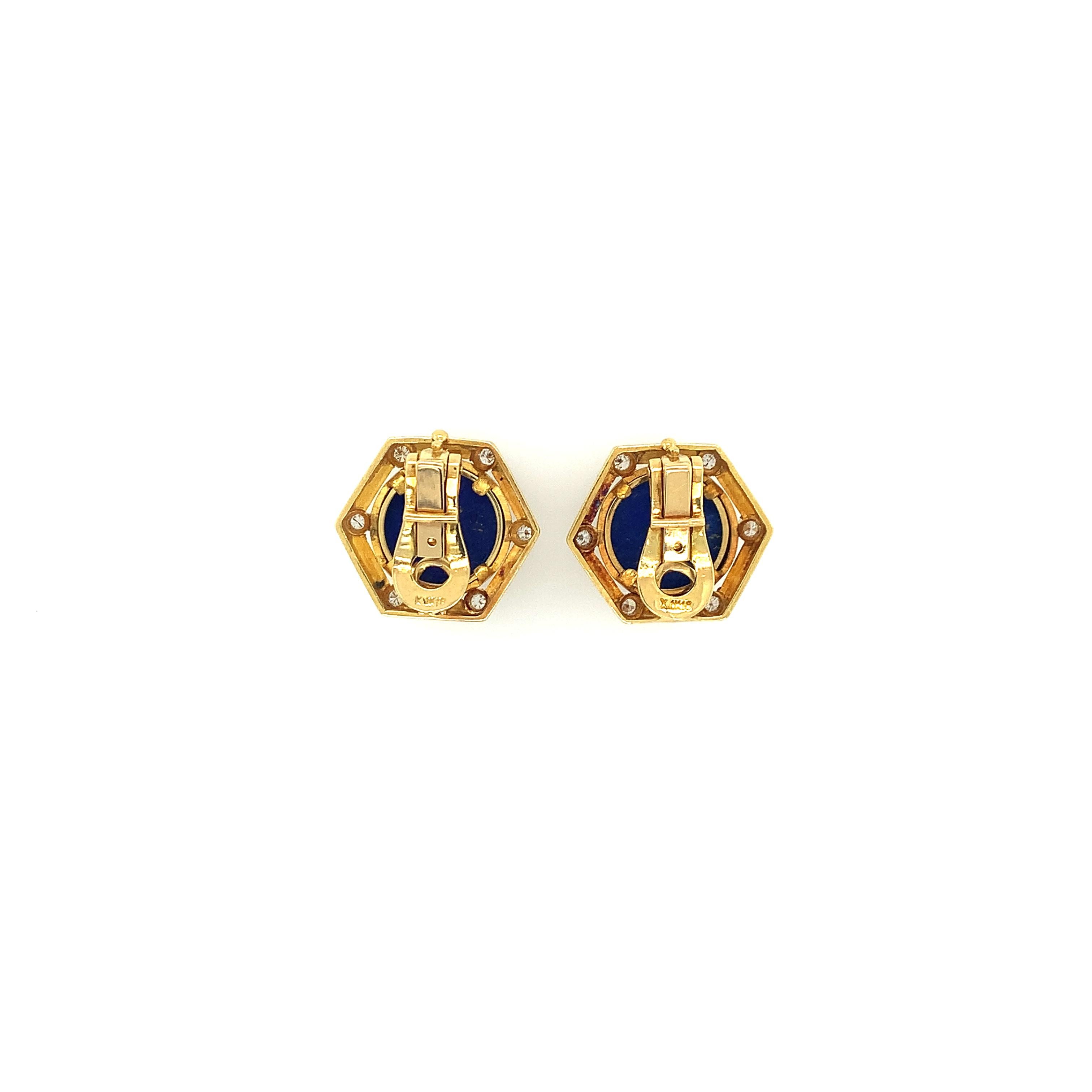 A glamorous pair of 18K yellow gold hexagonal shaped earrings. Featuring a lapis center with prominent sparkling gold flecks, it is surrounded by (6) six round cut diamonds with a total weight of approximately .40 carats. Clip on backs ensure ease