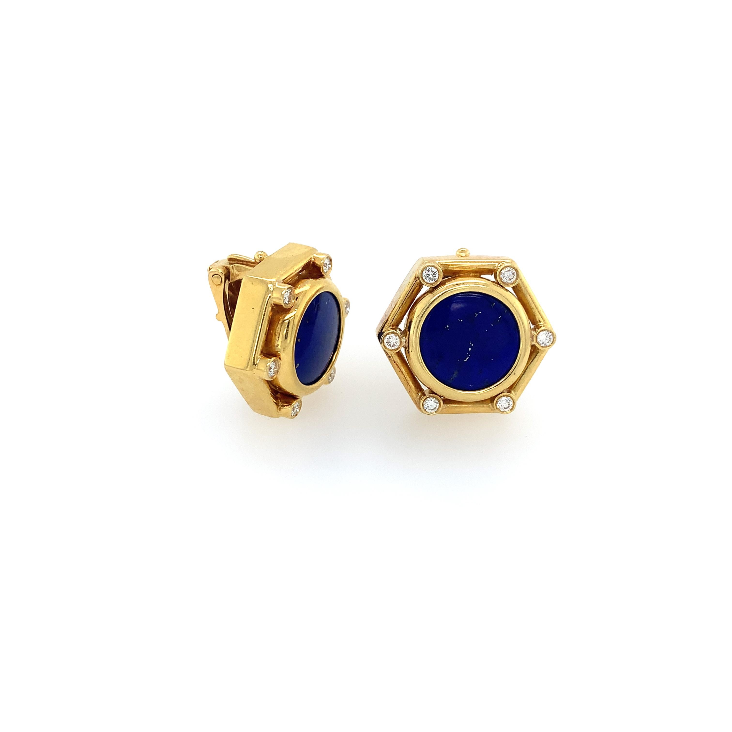 Lapis and Diamond Hexagon Clip-On Earrings In Good Condition For Sale In Delray Beach, FL