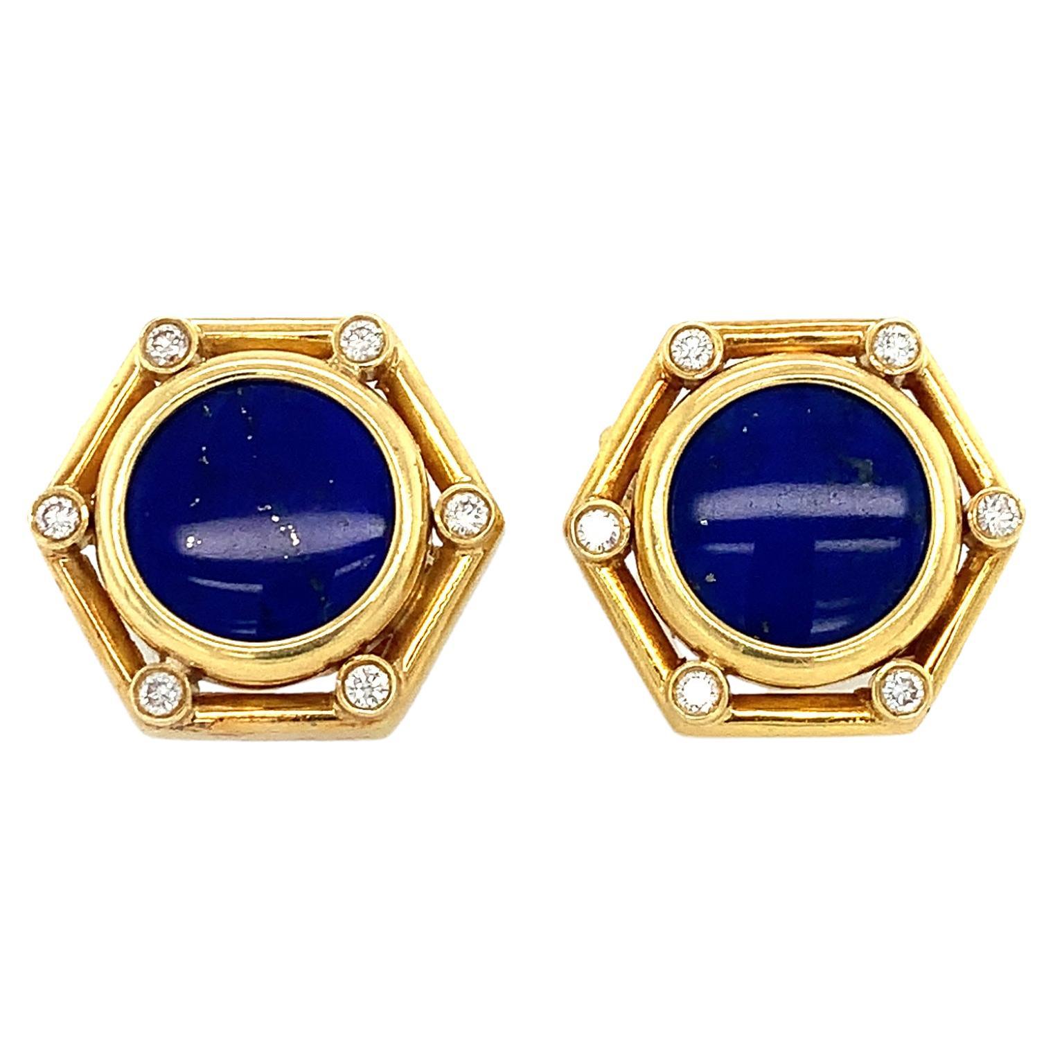 Lapis and Diamond Hexagon Clip-On Earrings For Sale