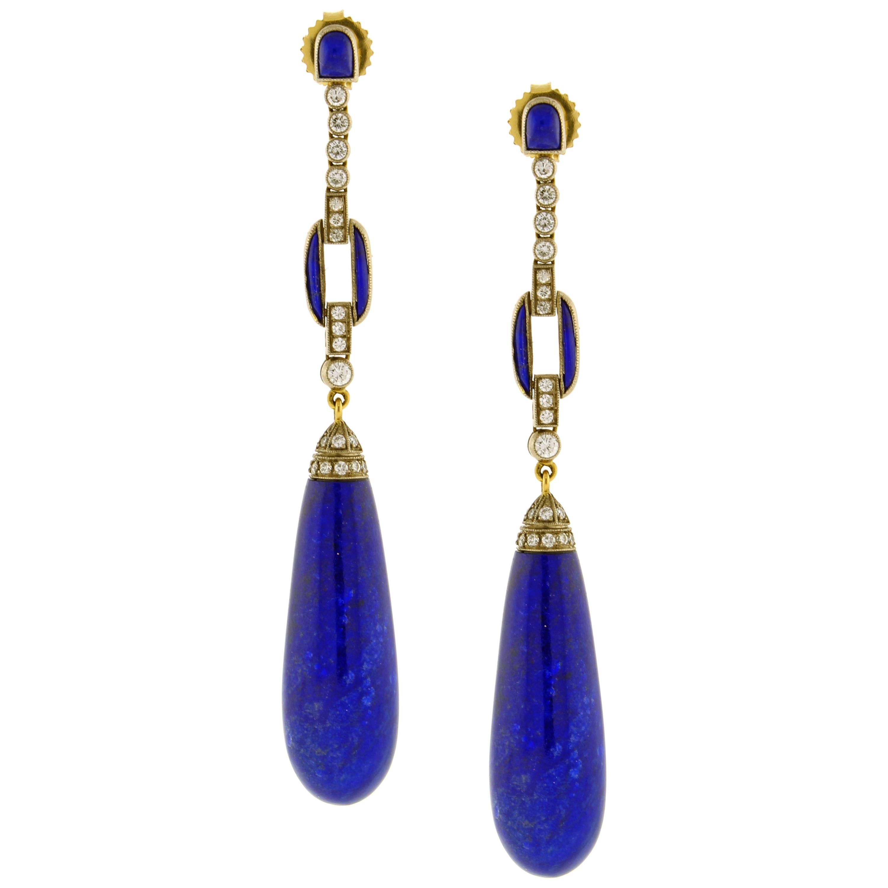 Lapis and Diamond Long Drop Earrings For Sale