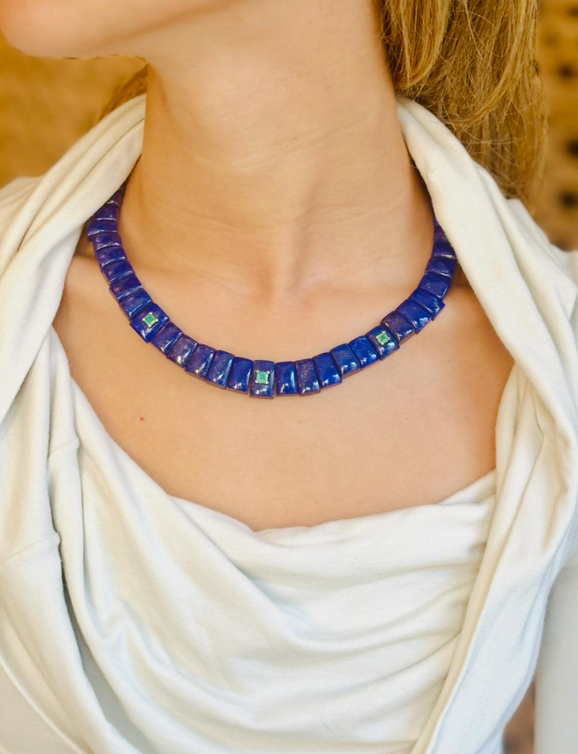 da uomo o donna Collana con collare di lapis e smeraldo in oro 14k in vendita