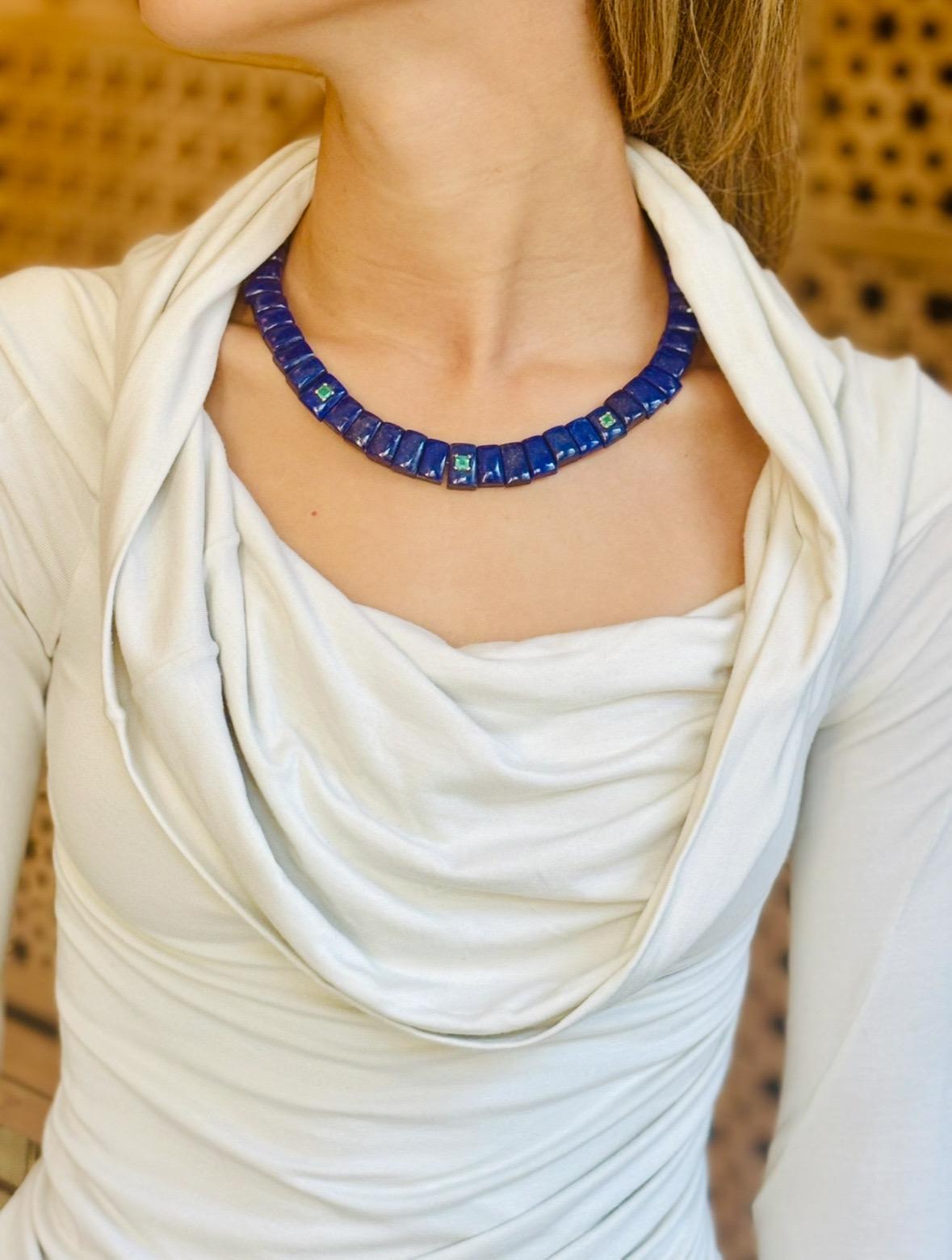 Collana con collare di lapis e smeraldo in oro 14k in vendita 1