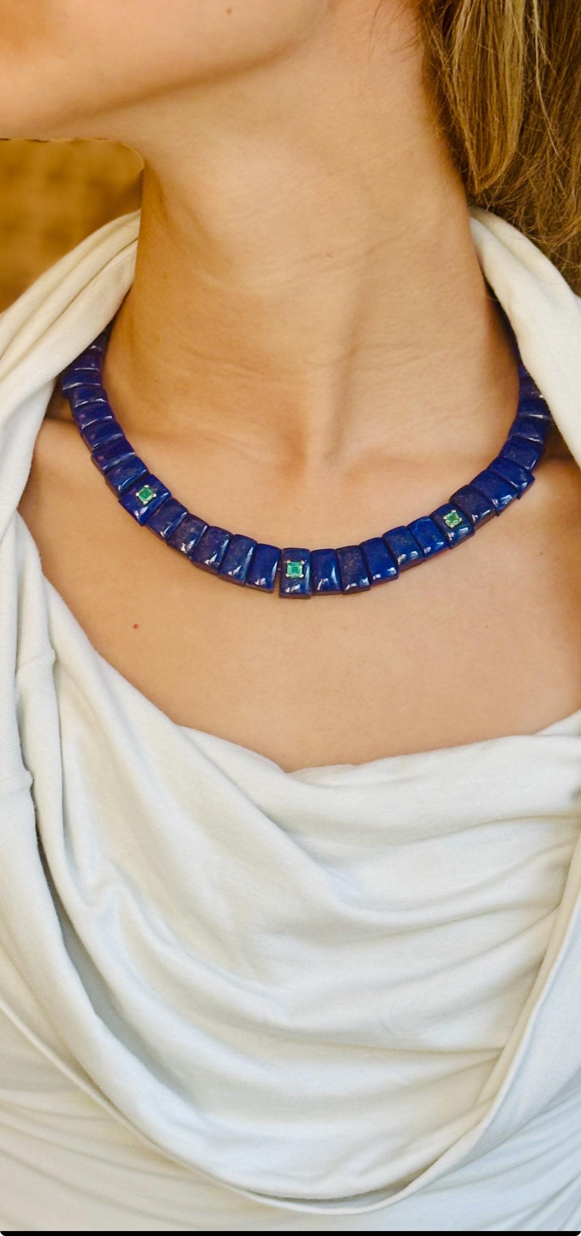 Collana con collare di lapis e smeraldo in oro 14k in vendita 3