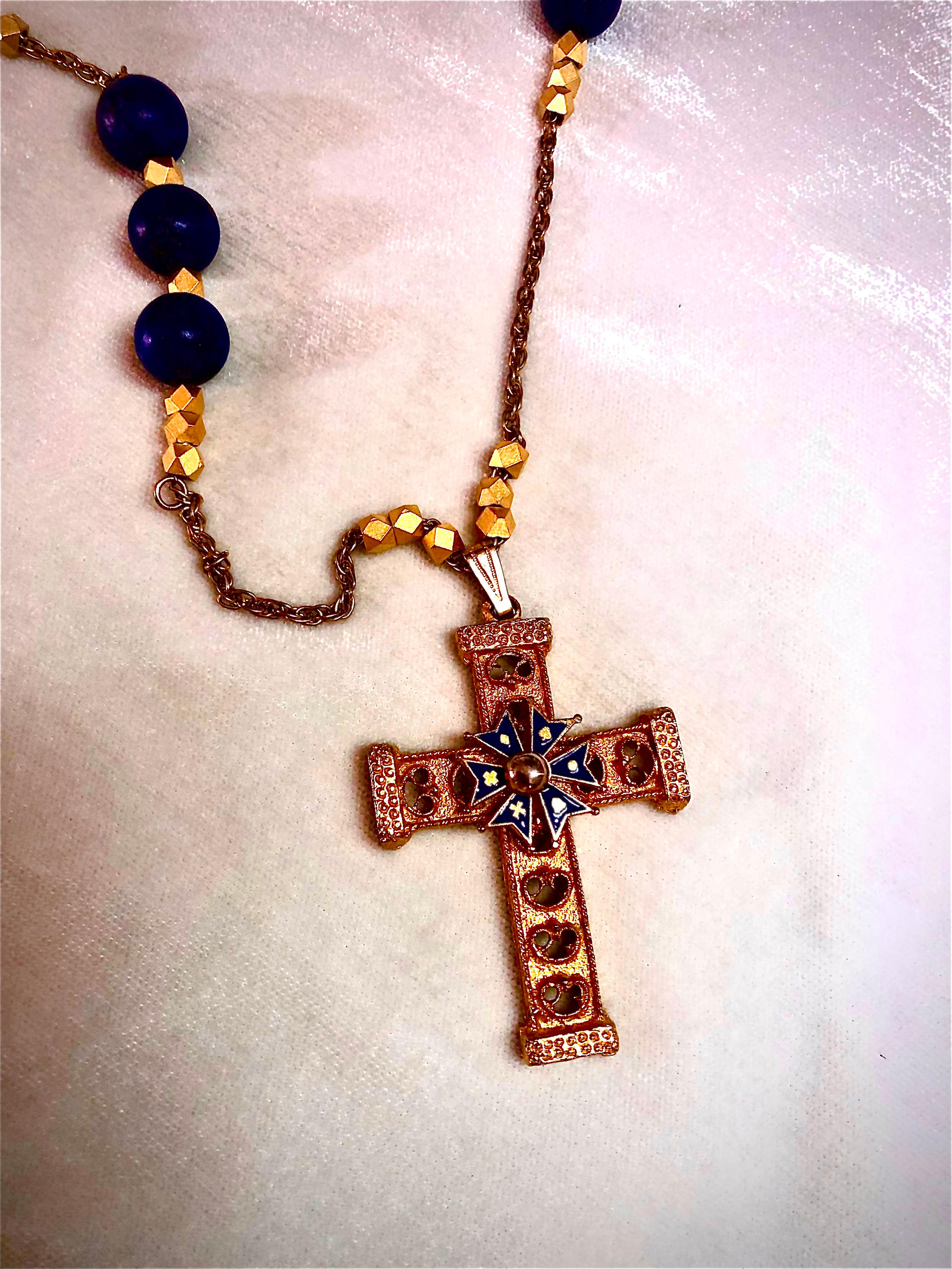 Renaissance Lapis and gilt metal fashion cruciform necklace For Sale