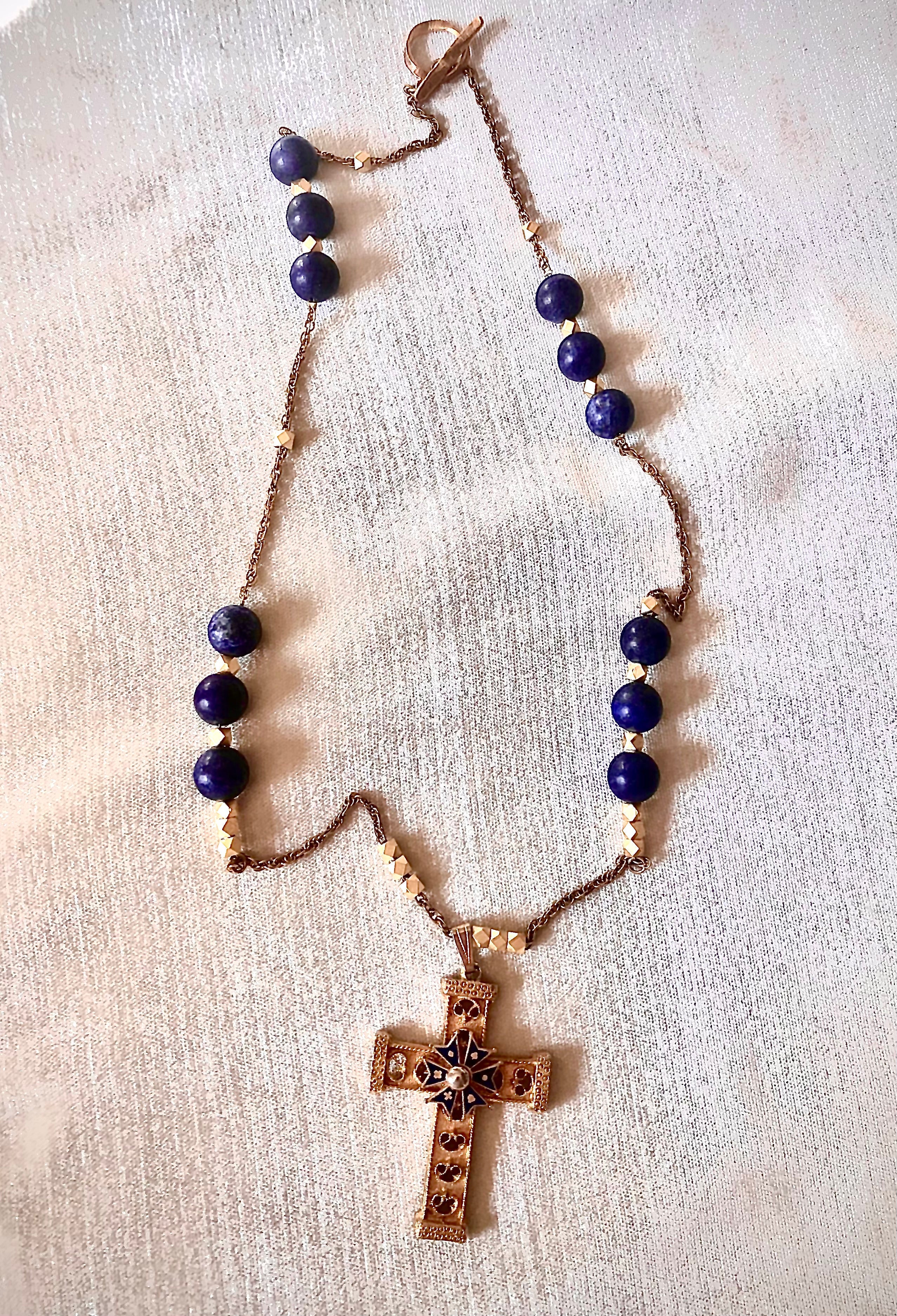 Lapis and gilt metal fashion cruciform necklace For Sale