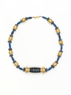 Lapis and Gold Beaded Necklace, with Central Gold-Capped Black Agate