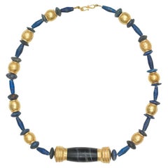  Lapis and Gold Beaded Necklace, with Central Gold-Capped Black Agate 