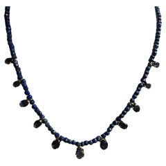 7.5 Carat Lapis and Iolite Oval Beaded Gold Necklace