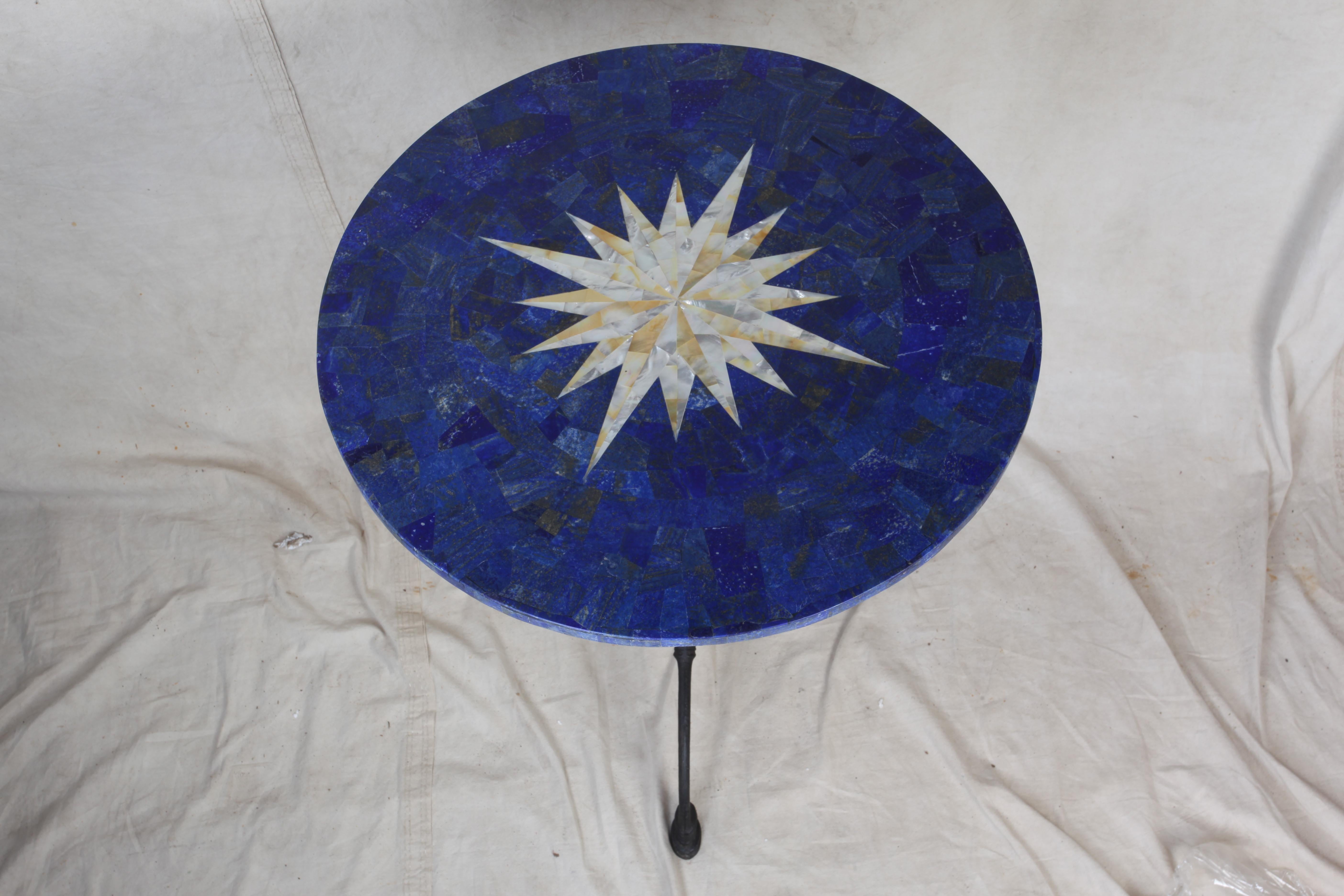 Lapis and Mother of Pearl Pietra Dura Cafe or Patio Table In Excellent Condition For Sale In Nantucket, MA