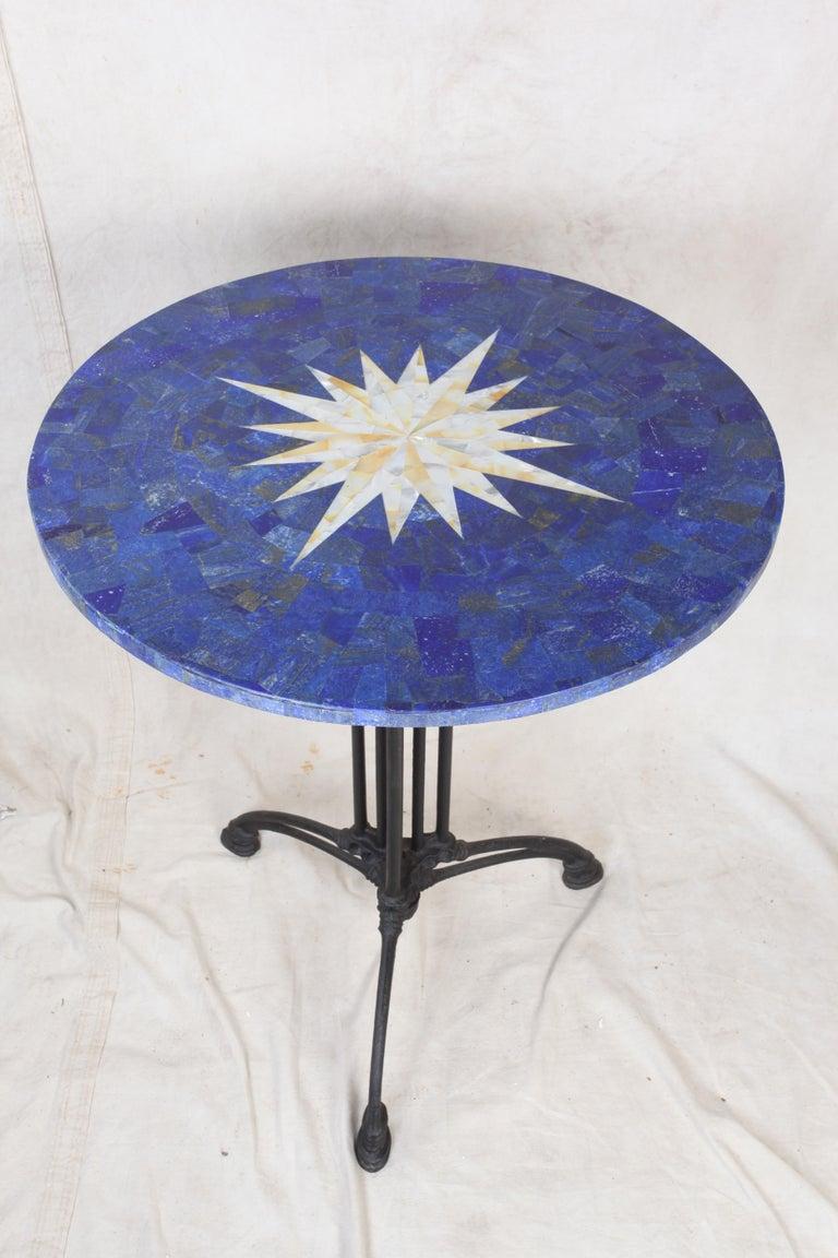 Lapis and Mother of Pearl Pietra Dura Cafe Table and Four Iron Chairs w/ Cushion For Sale 6