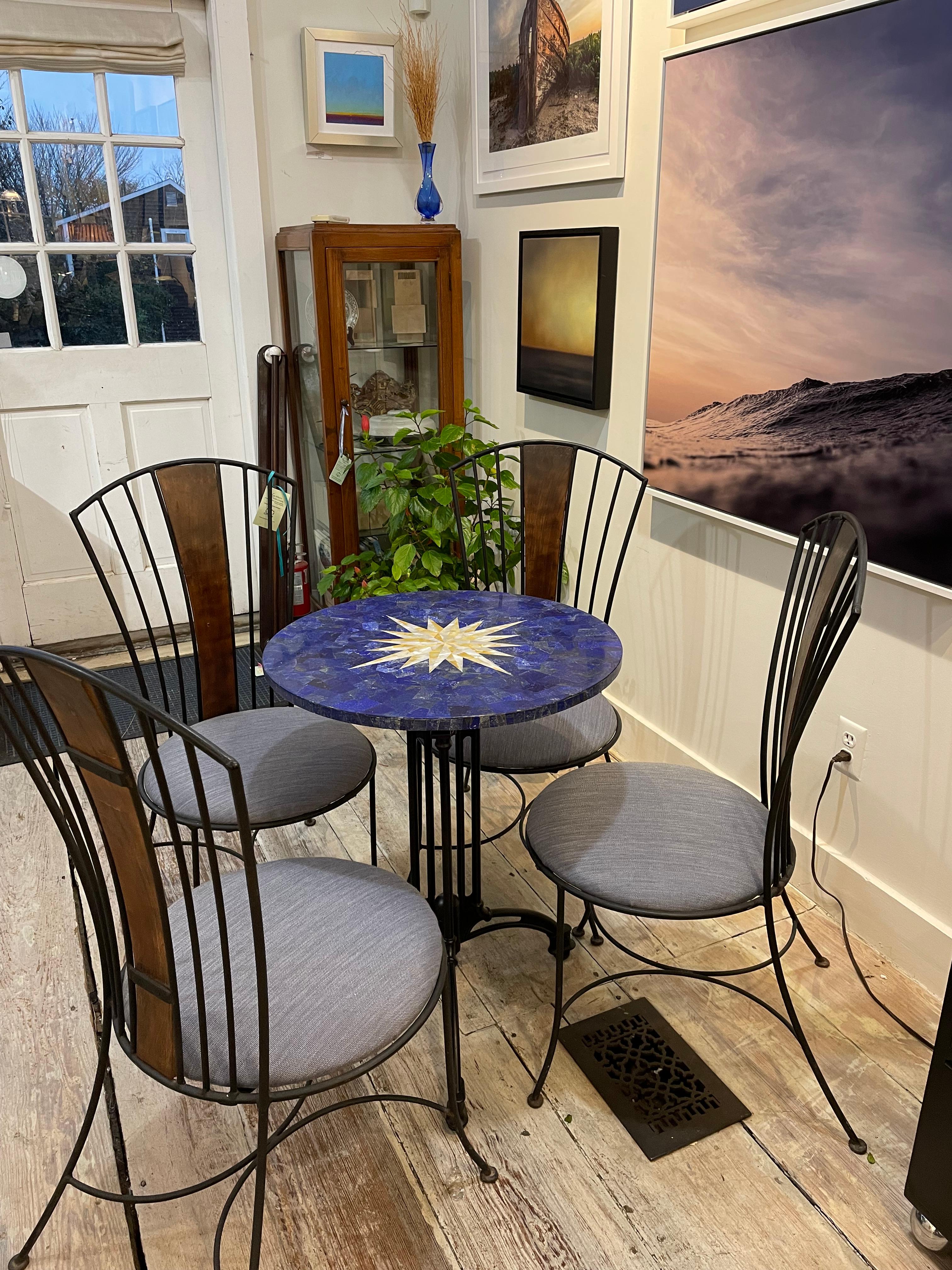 Lapis and Mother of Pearl Pietra Dura Cafe Table and Four Iron Chairs w/ Cushion In Excellent Condition For Sale In Nantucket, MA