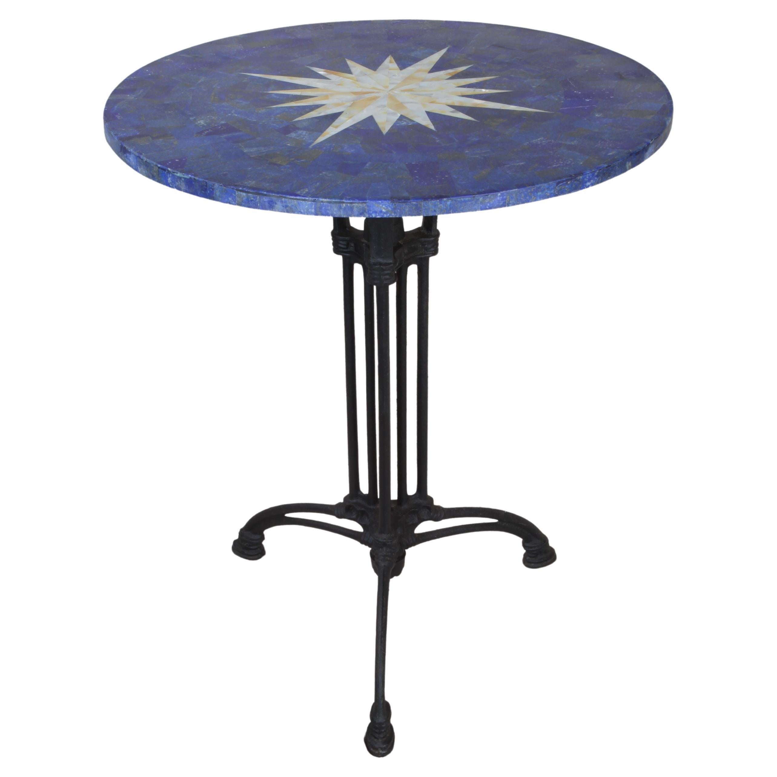 Lapis and Mother of Pearl Pietra Dura Cafe Table and Four Iron Chairs w/ Cushion For Sale 5