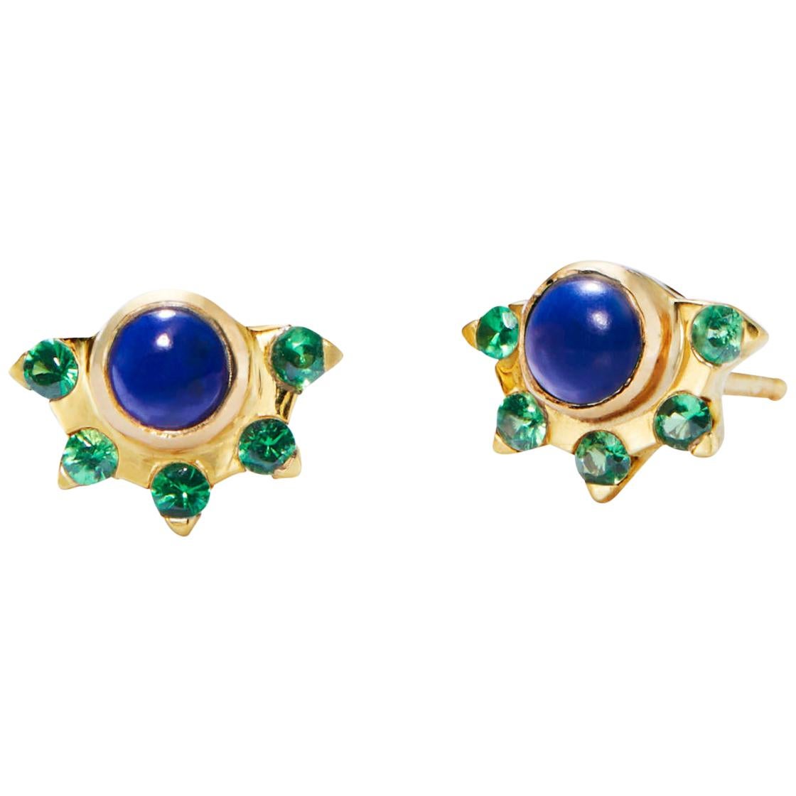 Lapis and Tsavorite Garnet Gold Stud Earrings For Sale