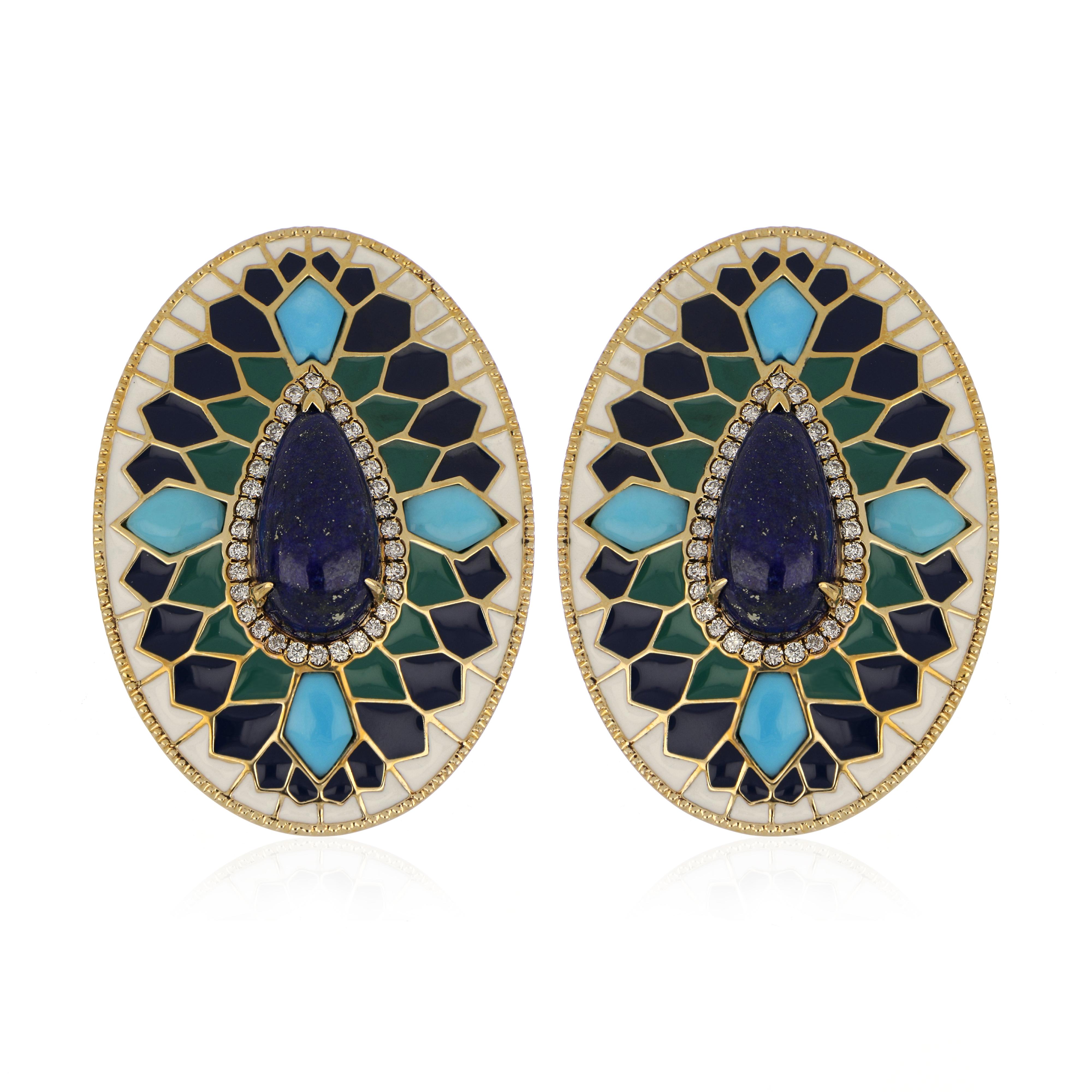Elegant and exquisite Multi Color Enamel Cocktail 14 K Earring, center set with 4.10 Cts. (Total) Cabochon Pear Lapis Lazuli, Surrounded with special cut Turquoise 1.60 Cts accented with Diamonds, weighing approx. 0.24 Cts. Beautifully Hand crafted