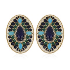 Lapis and Turquoise Studded Enamel Earrings in 14 Karat Gold