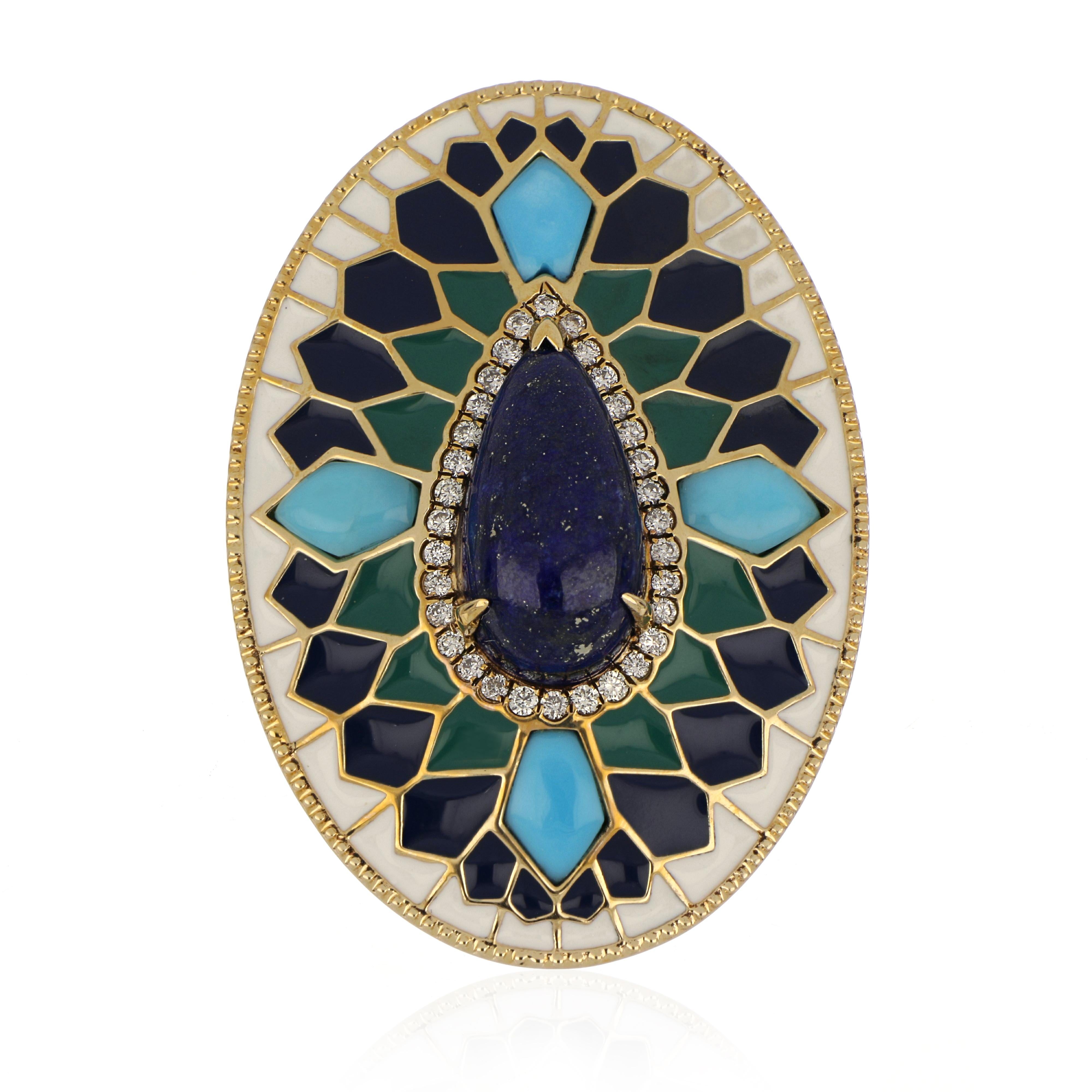 Contemporary Lapis and Turquoise Studded Enamel Earrings in 14 Karat Gold For Sale