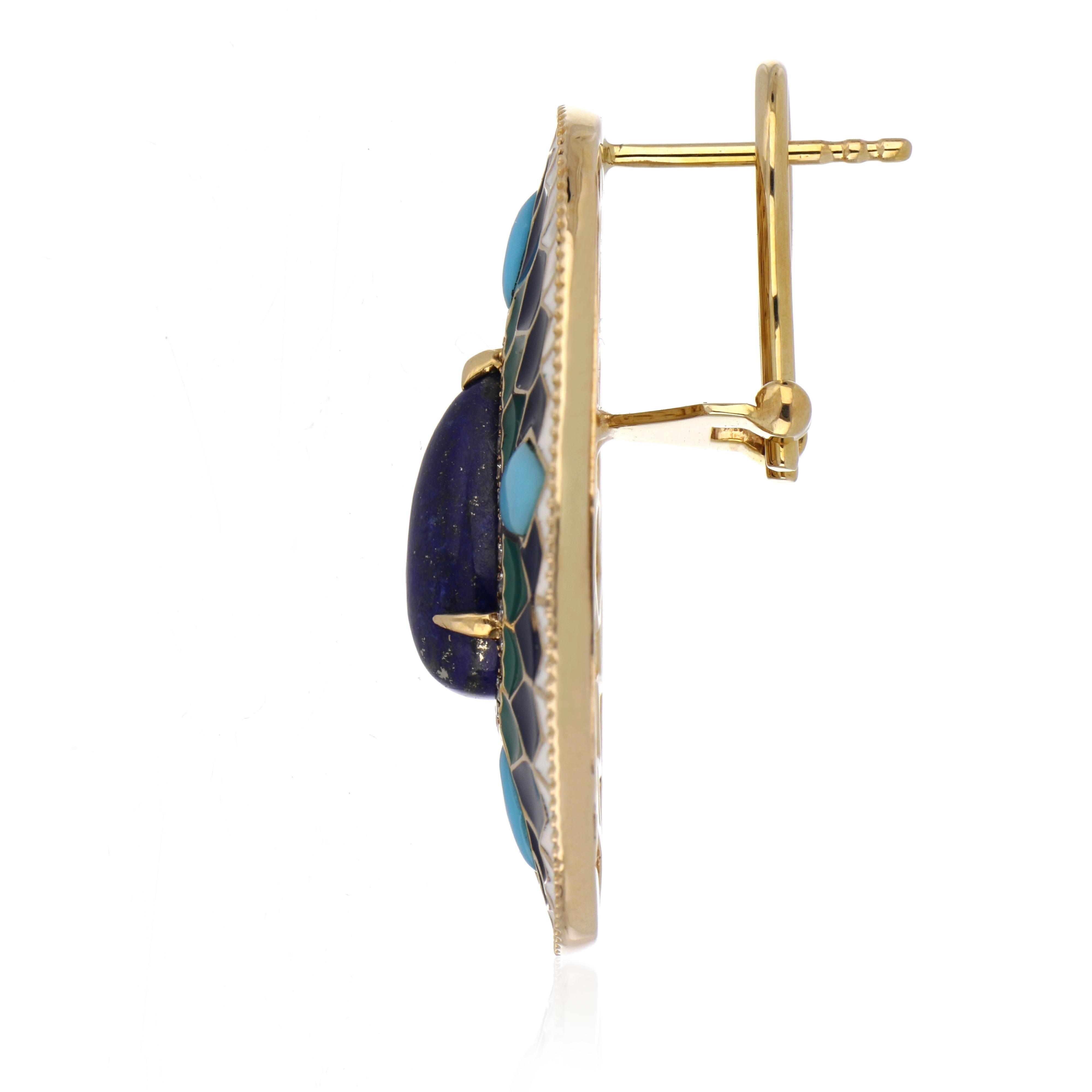 Pear Cut Lapis and Turquoise Studded Enamel Earrings in 14 Karat Gold For Sale