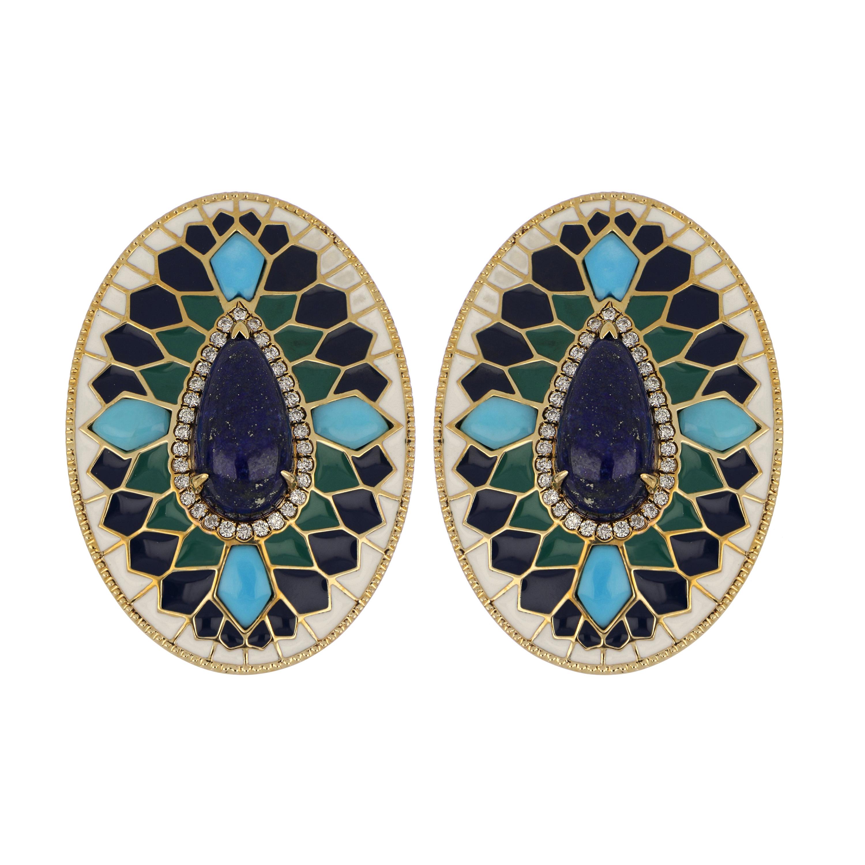 Lapis and Turquoise Studded Enamel Earrings in 14 Karat Gold For Sale