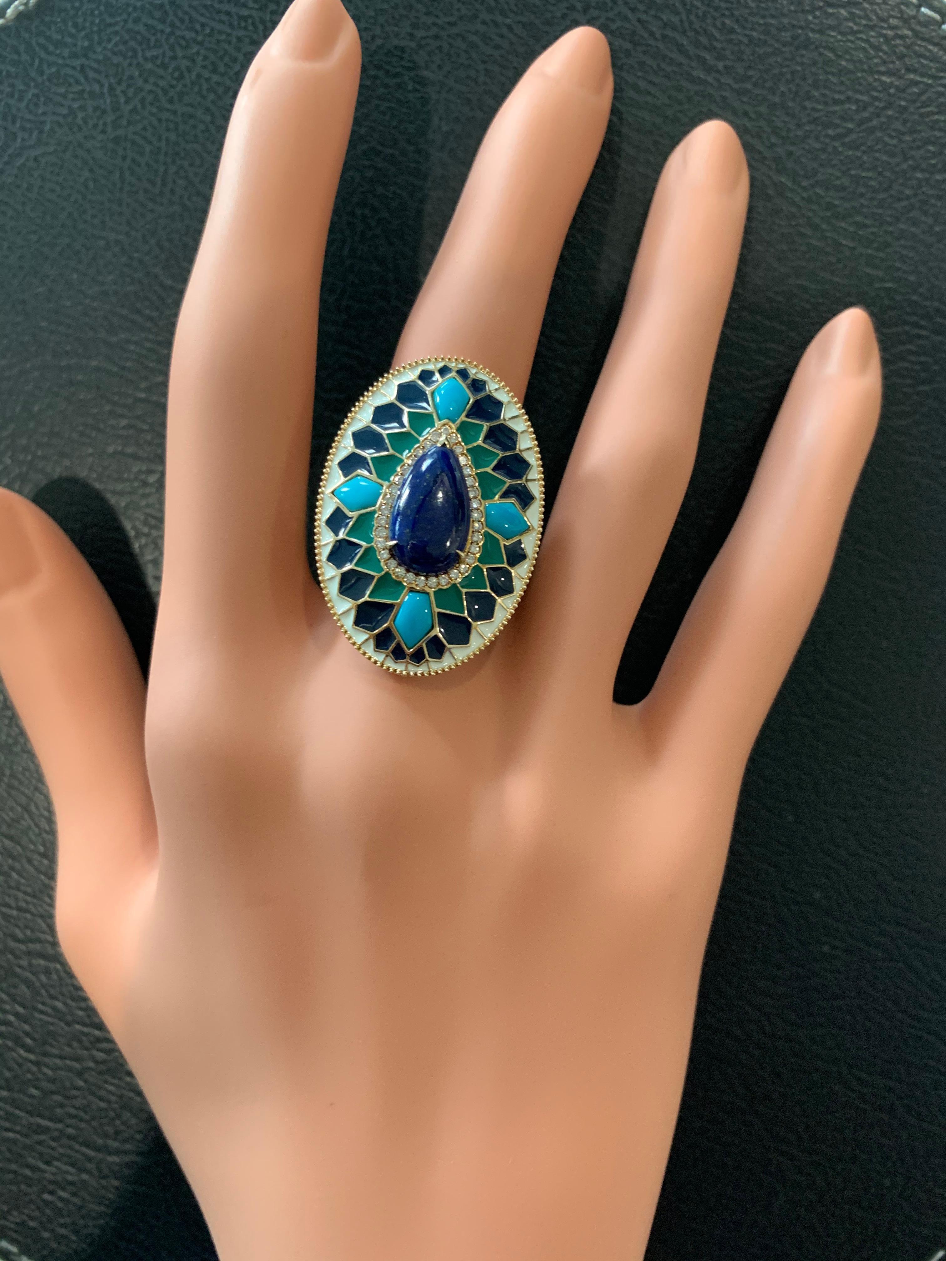 Lapis and Turquoise Studded Enamel Ring in 14 Karat Gold For Sale 1