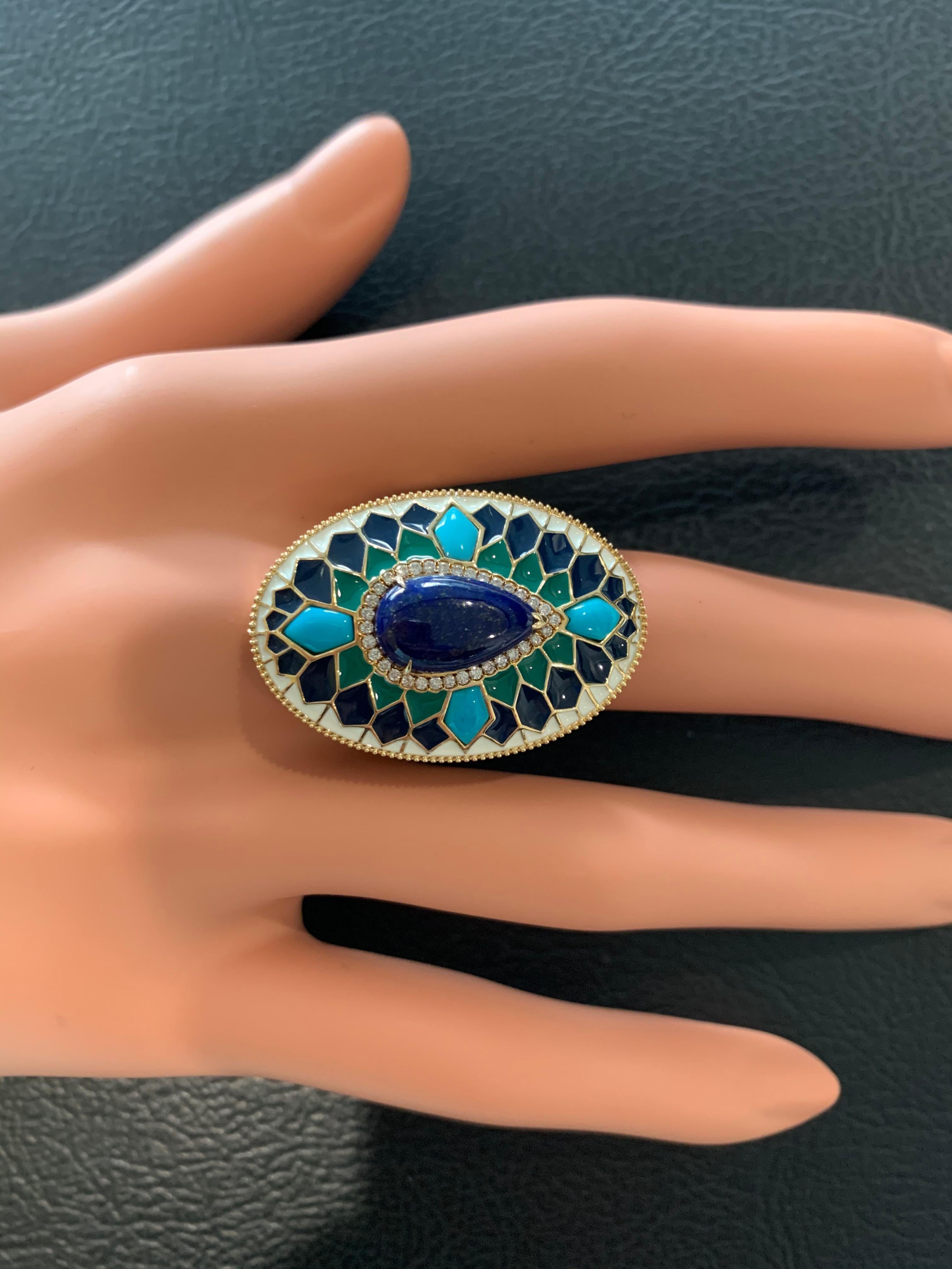 Lapis and Turquoise Studded Enamel Ring in 14 Karat Gold For Sale 2