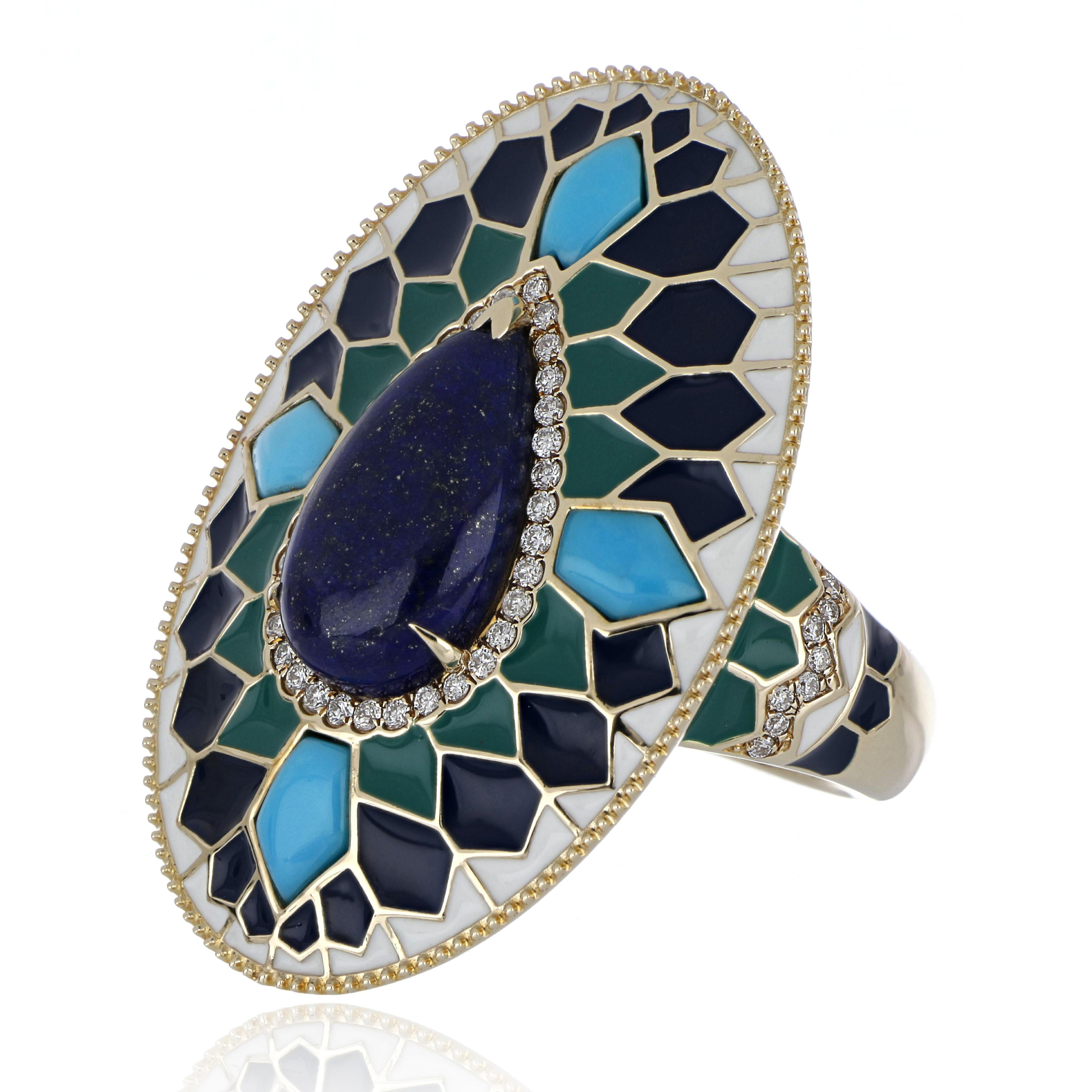 Contemporary Lapis and Turquoise Studded Enamel Ring in 14 Karat Gold For Sale