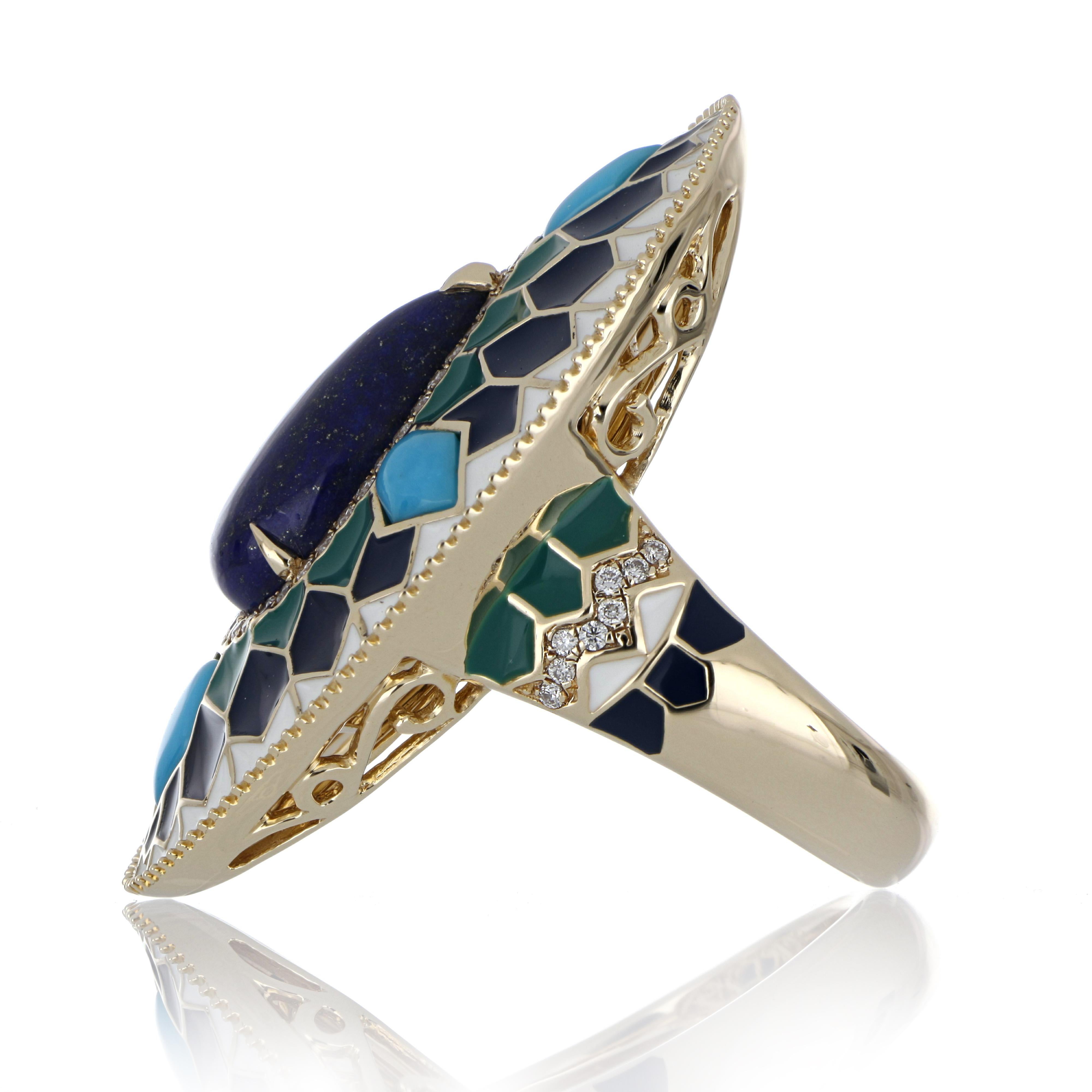 Pear Cut Lapis and Turquoise Studded Enamel Ring in 14 Karat Gold For Sale